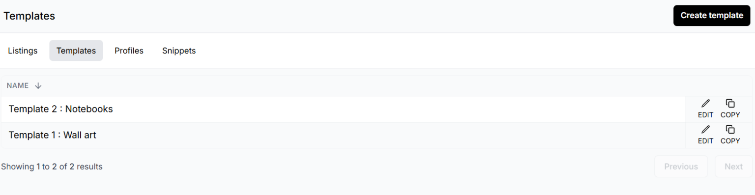 Listadum listing templates screen for reusing Etsy product listings and descriptions
