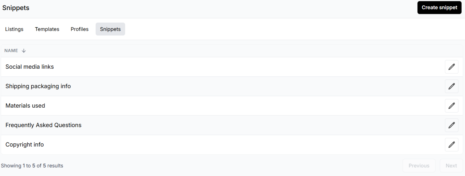 Listadum snippets feature for inserting reusable description blocks into Etsy listings