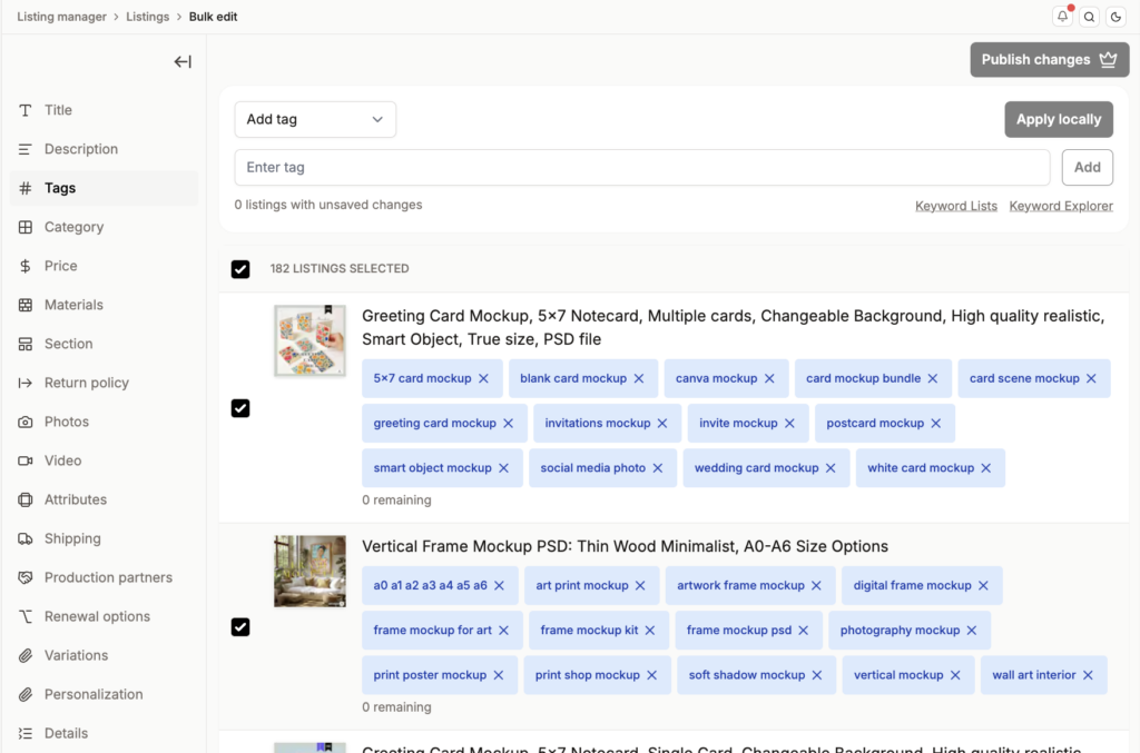 Listadum's bulk editor updating tags across several Etsy listings in one action.