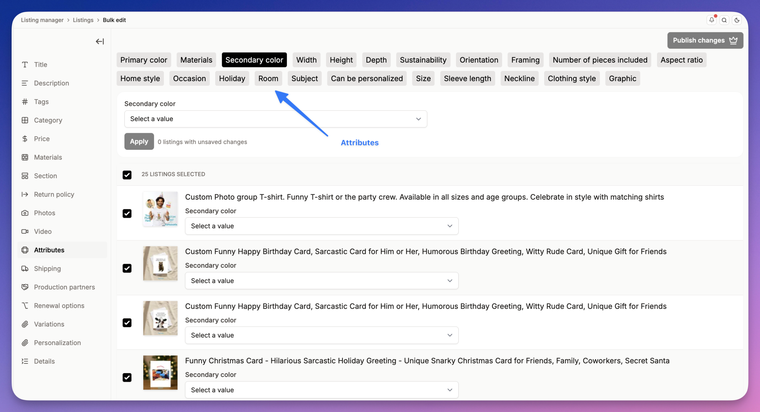Listadum bulk-editing attributes across multiple Etsy listings.
