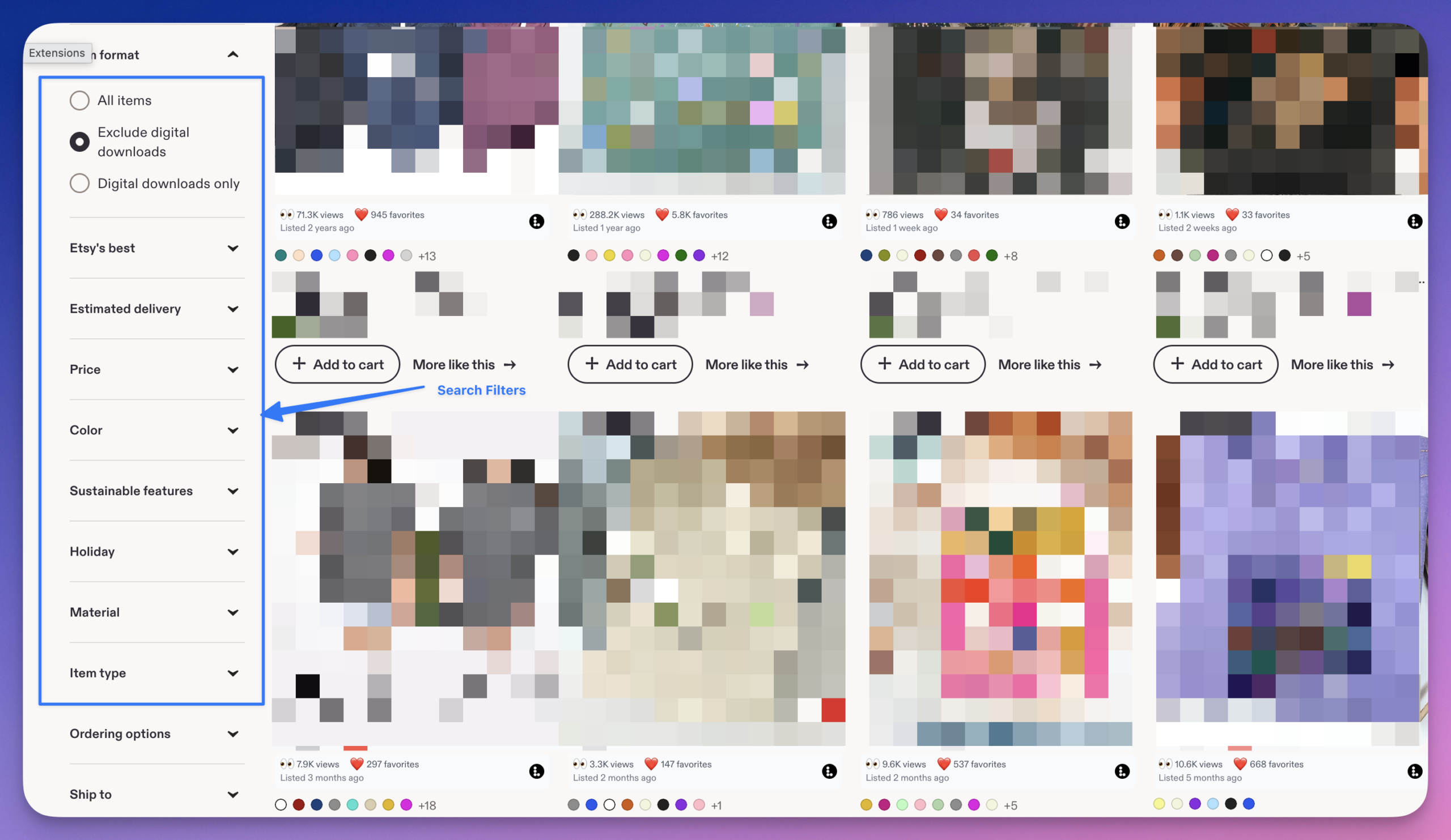 Etsy search with the left-hand filters open, showing how buyers narrow by attribute.