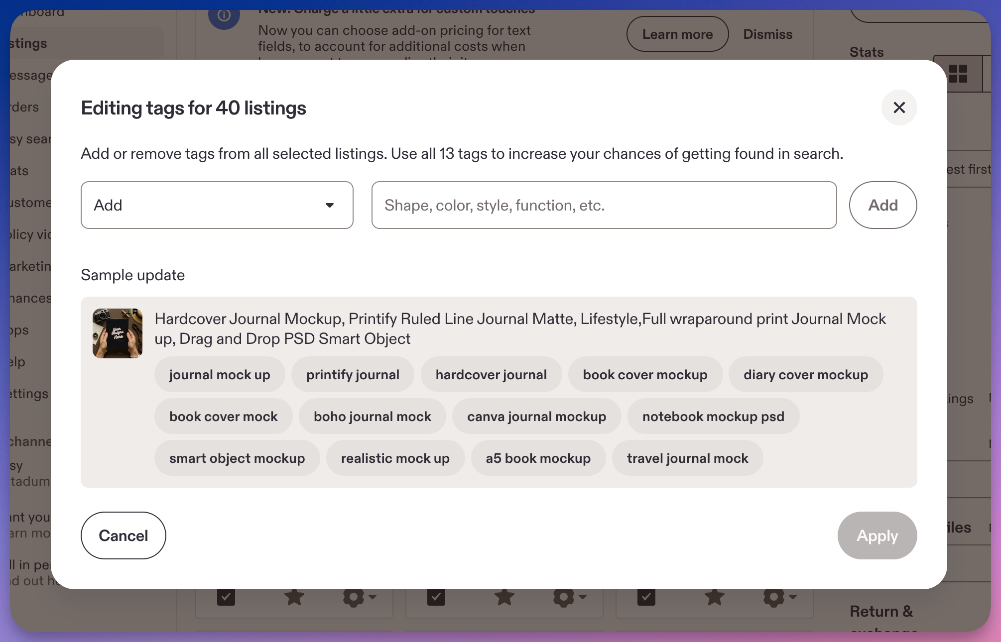 Etsy's native tag editor adding or removing a tag across 40 selected listings at once