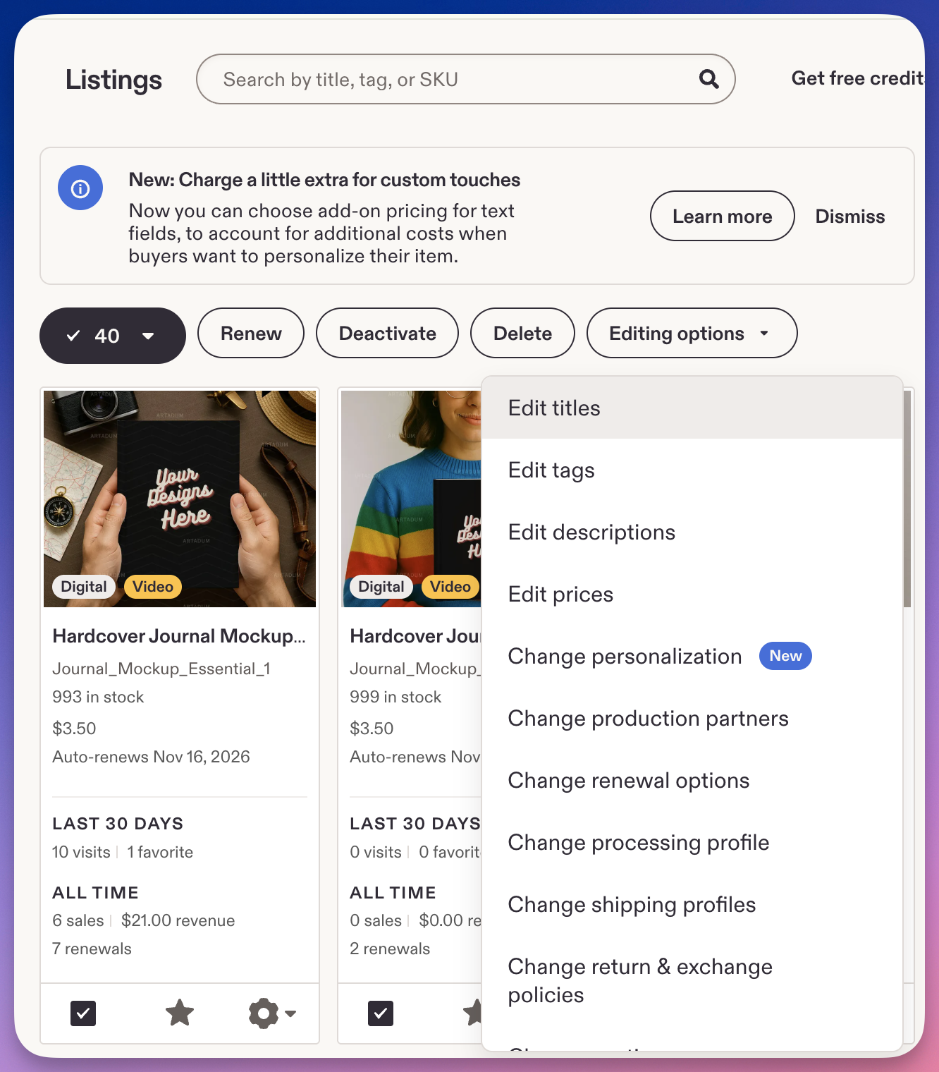 Etsy's native bulk editing options menu: edit titles, tags, descriptions, prices, and more across selected listings
