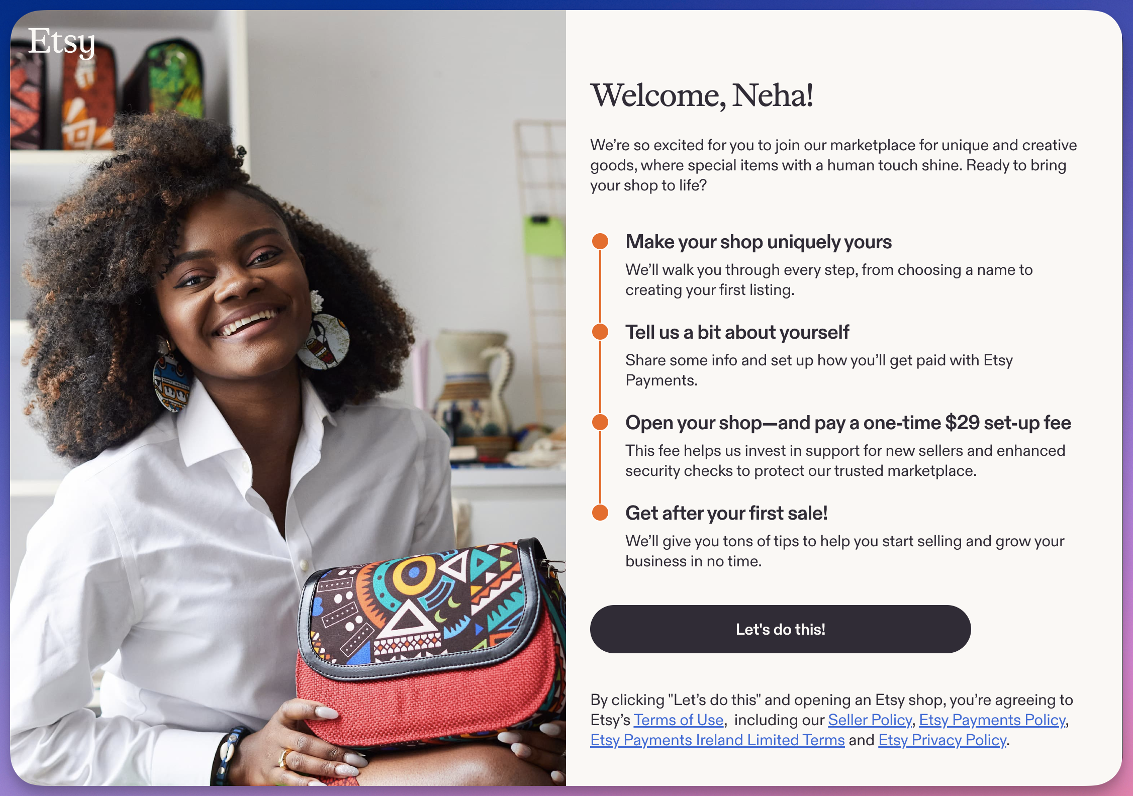 Etsy new seller welcome screen outlining the four setup steps, including the one-time $29 setup fee.