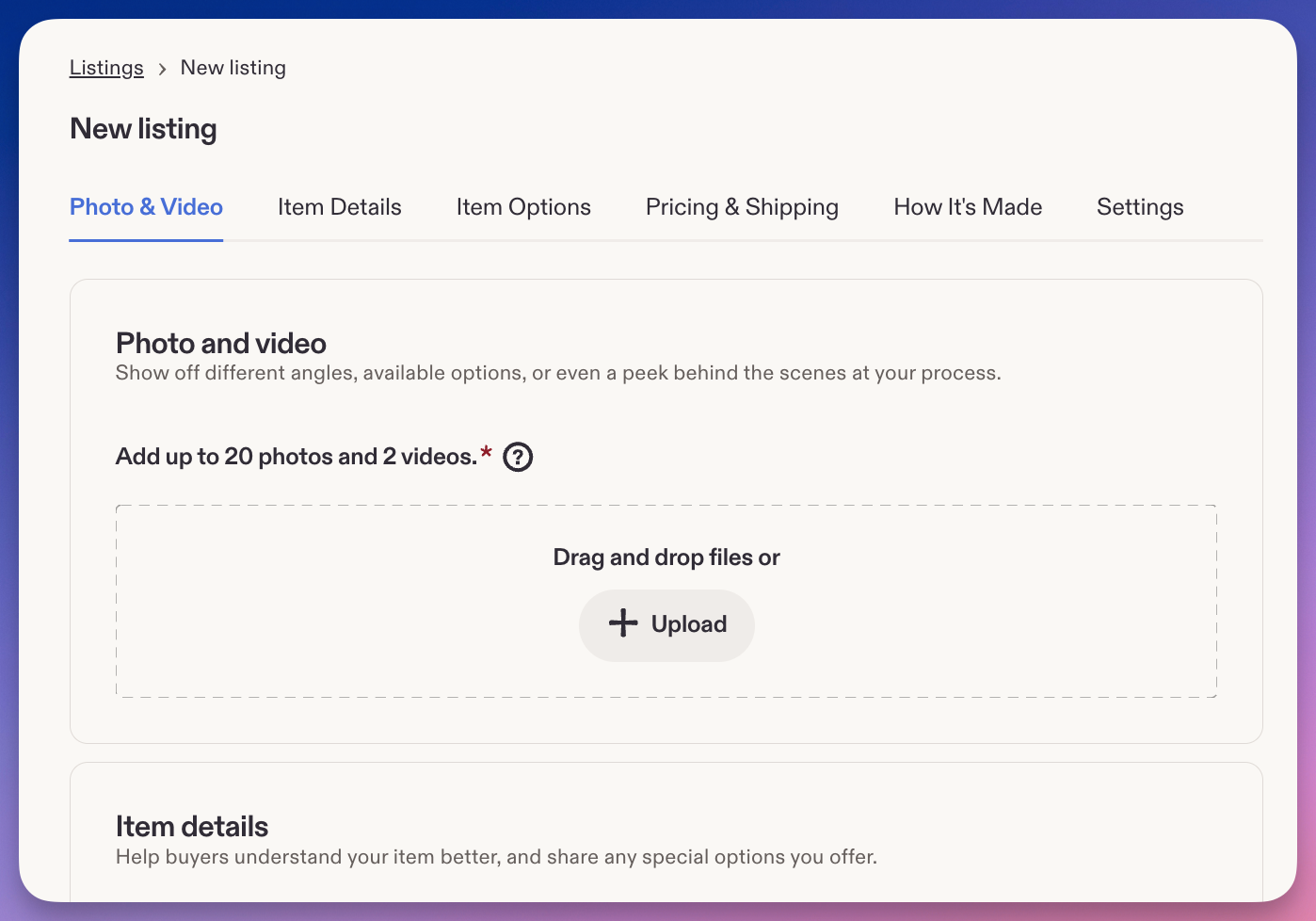 Etsy listing editor showing photo slots, title, description, tags, price, and shipping fields.