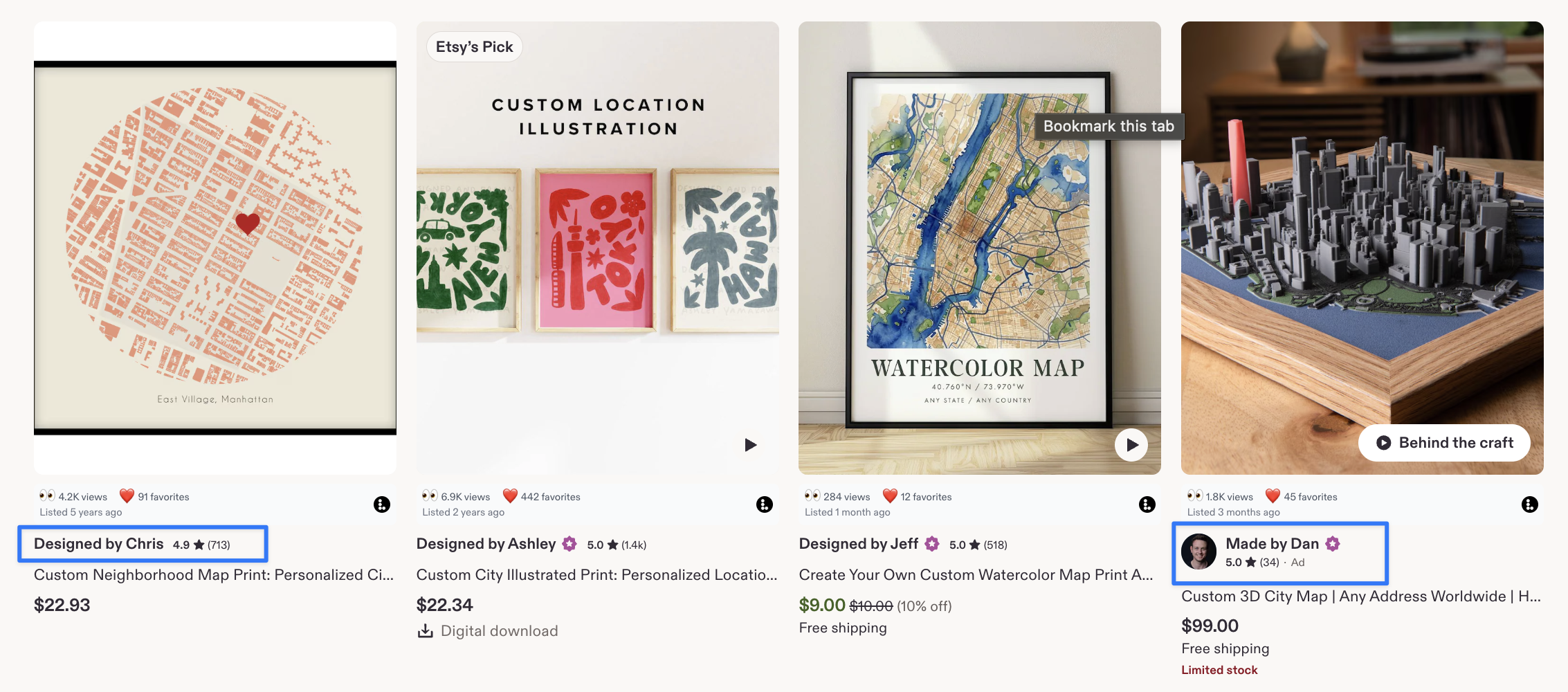 Etsy showing a Made by seller item-detail tag on listings