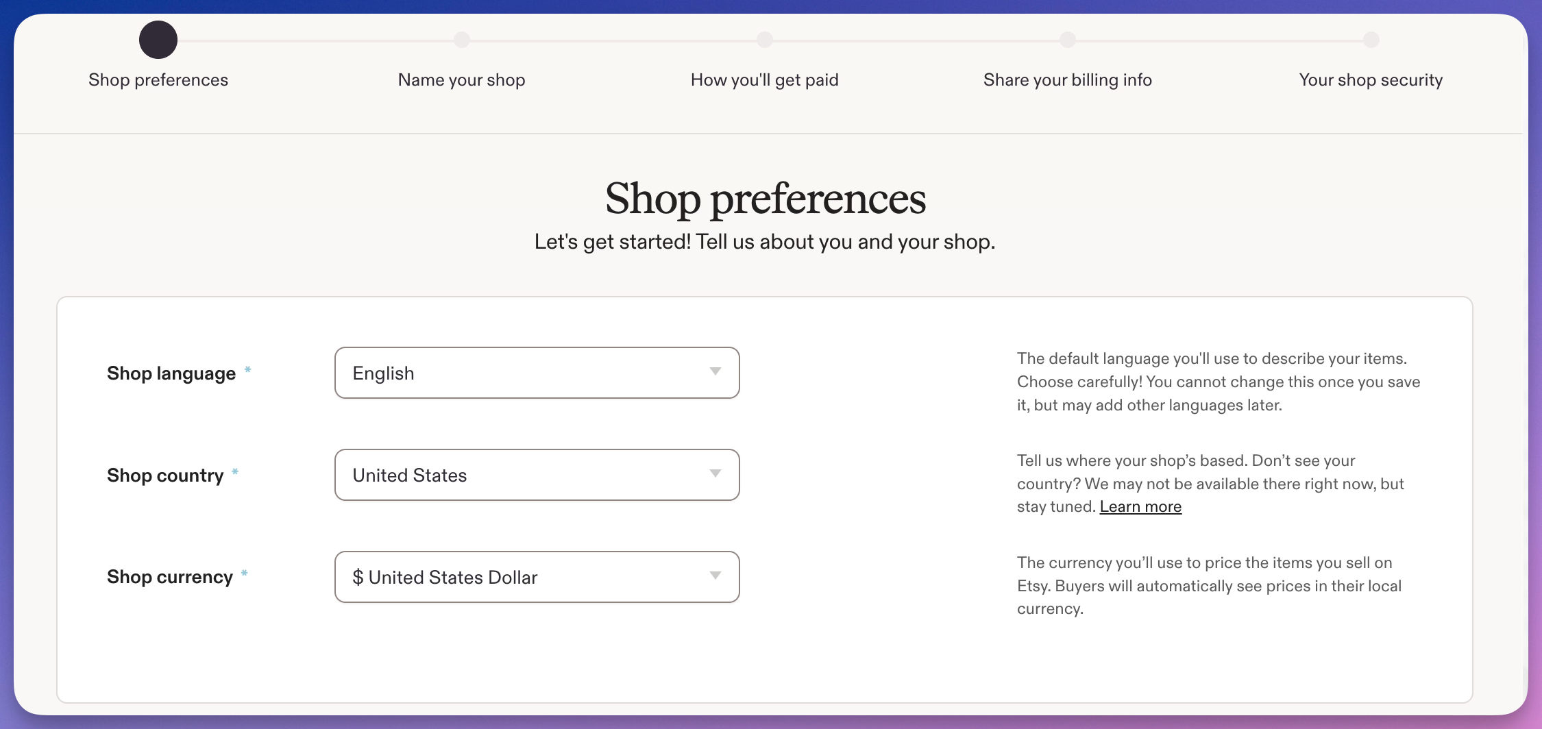Etsy shop preferences screen for setting shop language, country, and currency.