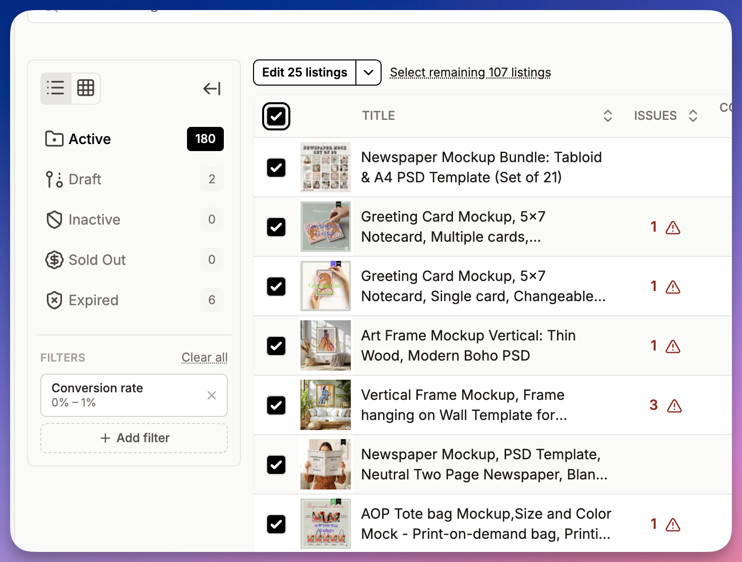 Listadum filtered to Etsy listings with a 0 to 1 percent conversion rate, 132 selected for a bulk edit, each showing its flagged issues