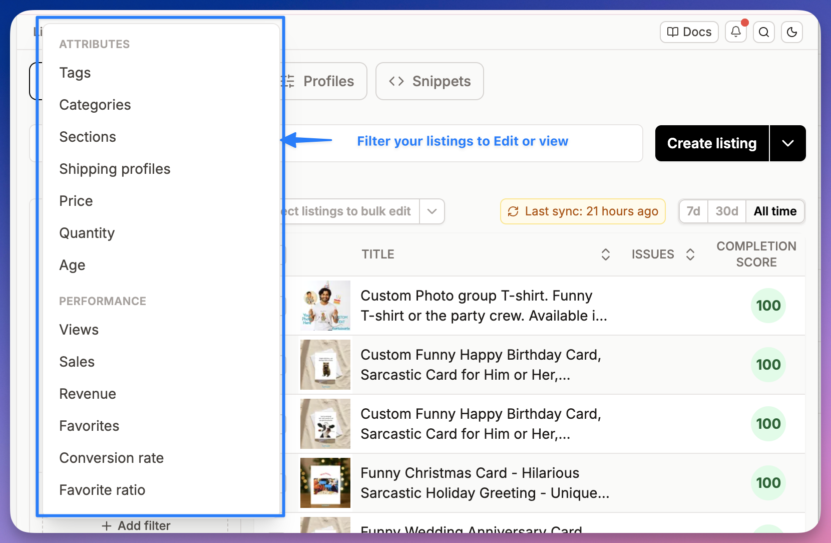 Listadum filters for selecting Etsy listings by tags, section, price, views, sales, or conversion rate