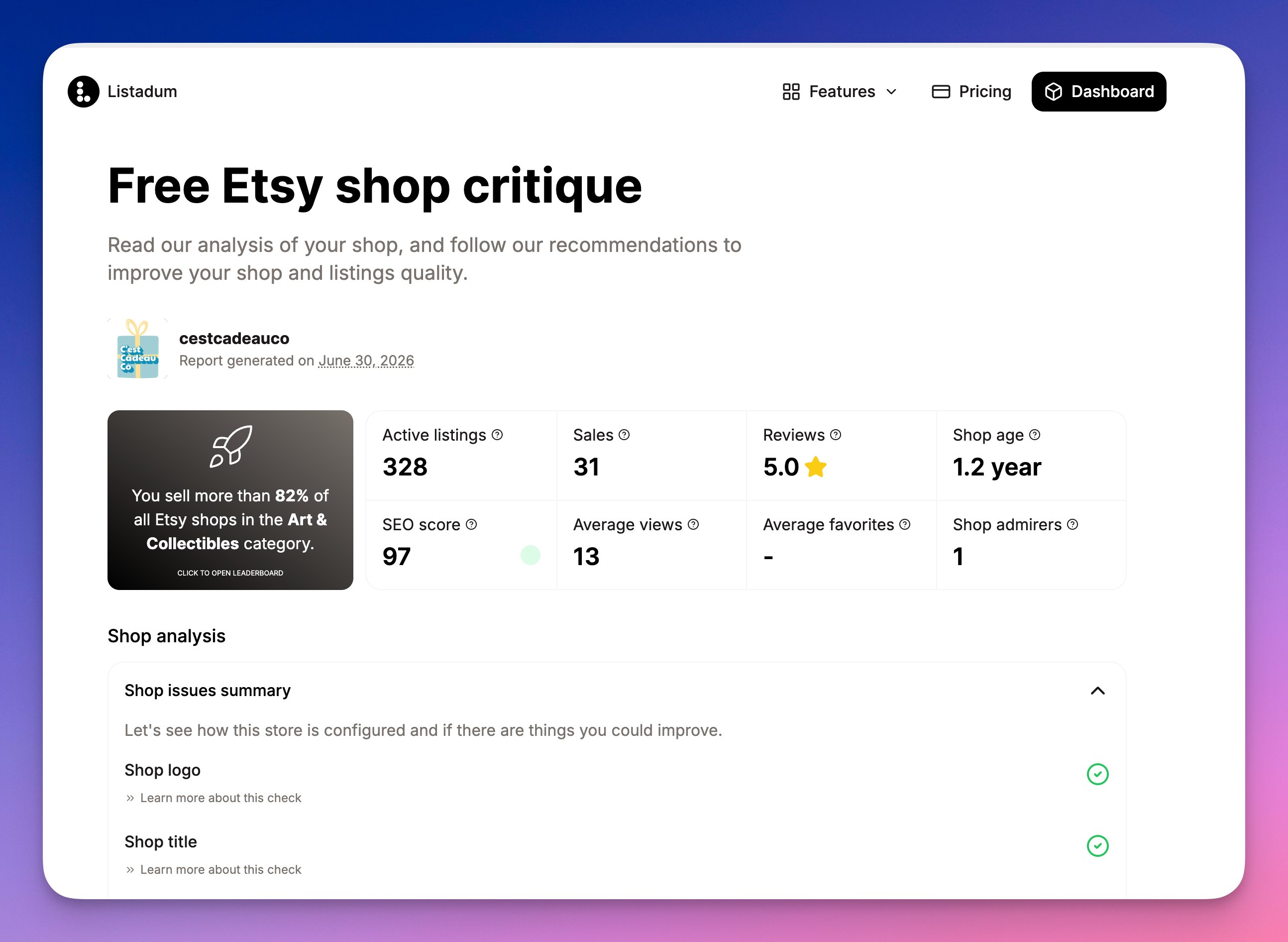 Free Listadum Shop Critique report scoring an Etsy shop and its individual listings