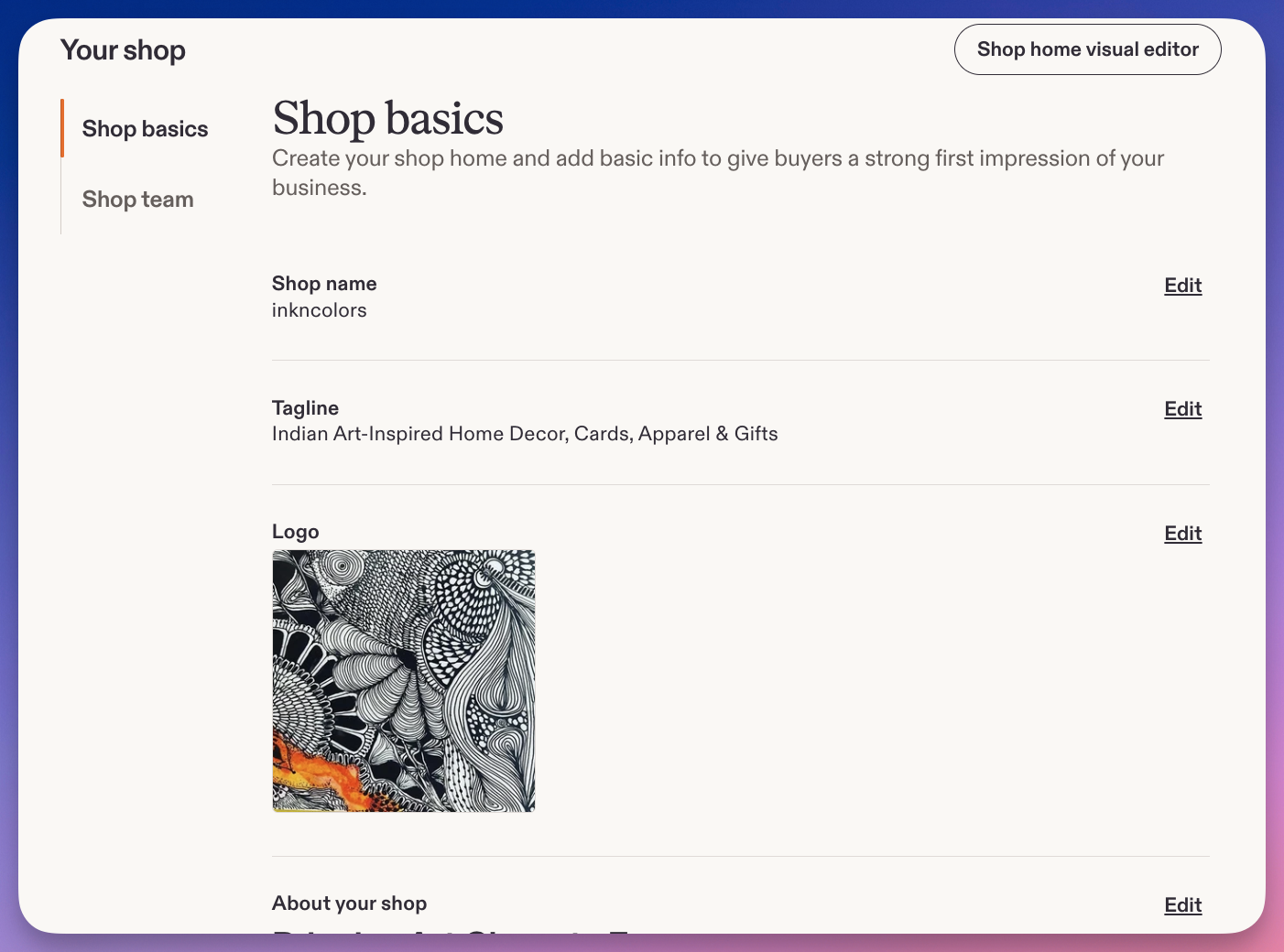 Etsy Your Shop / Shop basics editor showing shop name, tagline, logo, and About section fields.