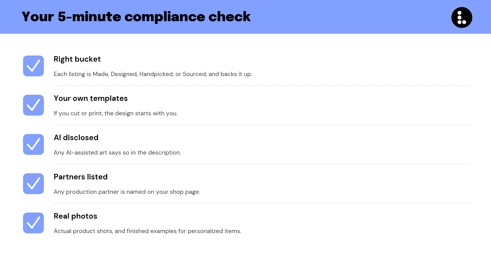 Your 5-minute compliance check: right bucket, your own templates, AI disclosed, partners listed, real photos