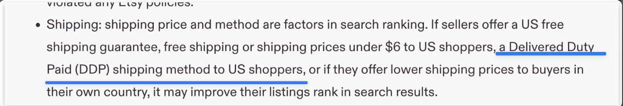 Etsy confirms a DDP shipping method to US shoppers can improve search ranking.