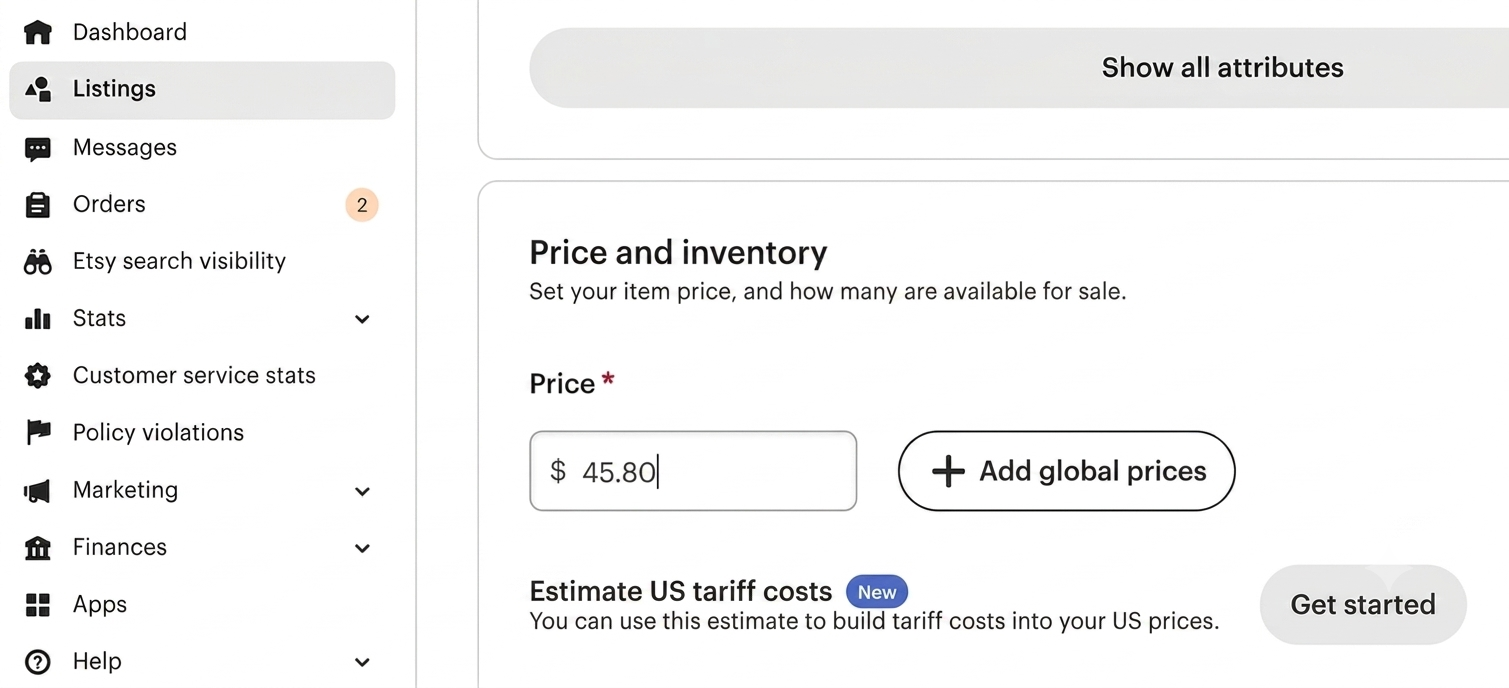 Etsy US tariffs calculator, step 1, adding item details.