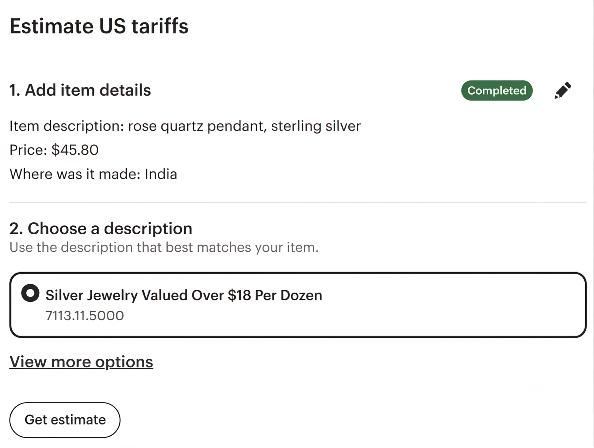 Etsy tariff calculator suggesting HS codes for a silver and gemstone pendant.