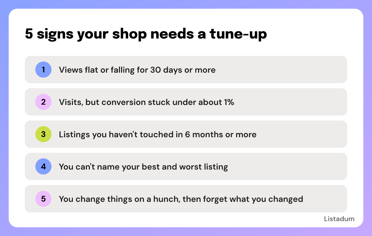Five signs your Etsy shop needs a tune-up, shown as a checklist