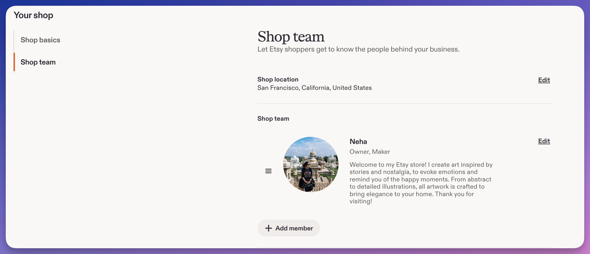 Etsy Shop Manager Shop Team settings with a maker's name, role, and photo filled in.