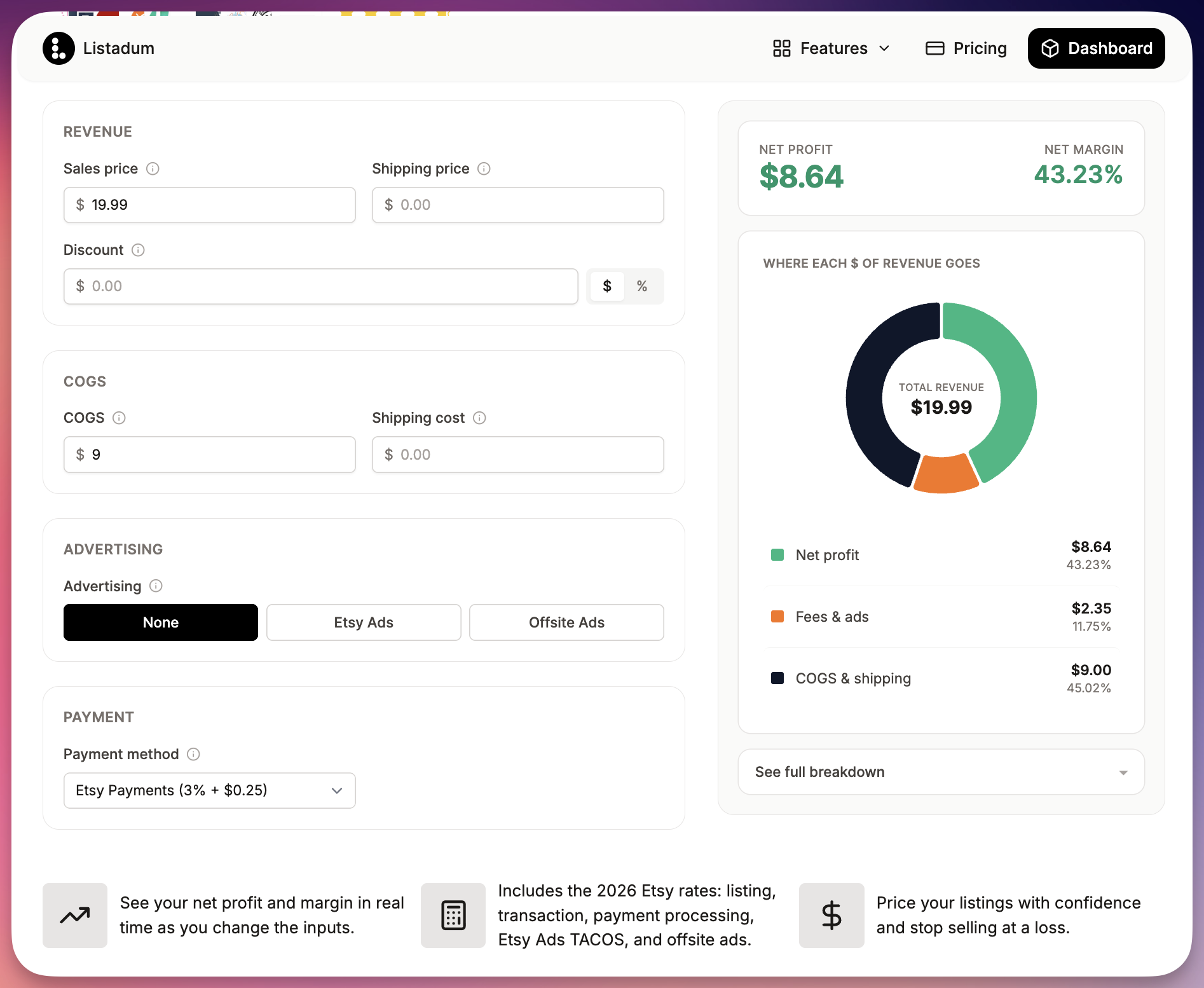 The free Listadum Etsy Fee Calculator showing total fees and take-home for a sale