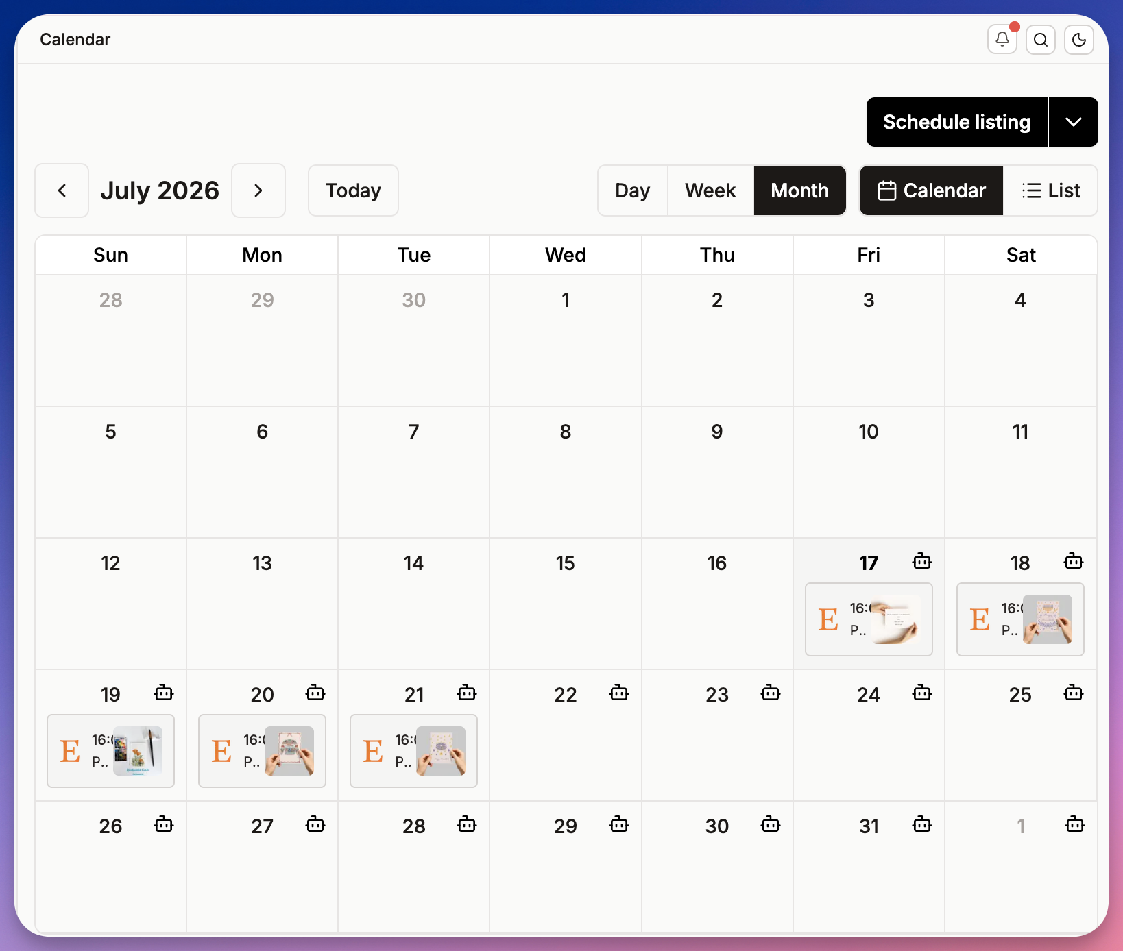 Listadum Listing Scheduler with Etsy go-live dates staggered across the coming weeks