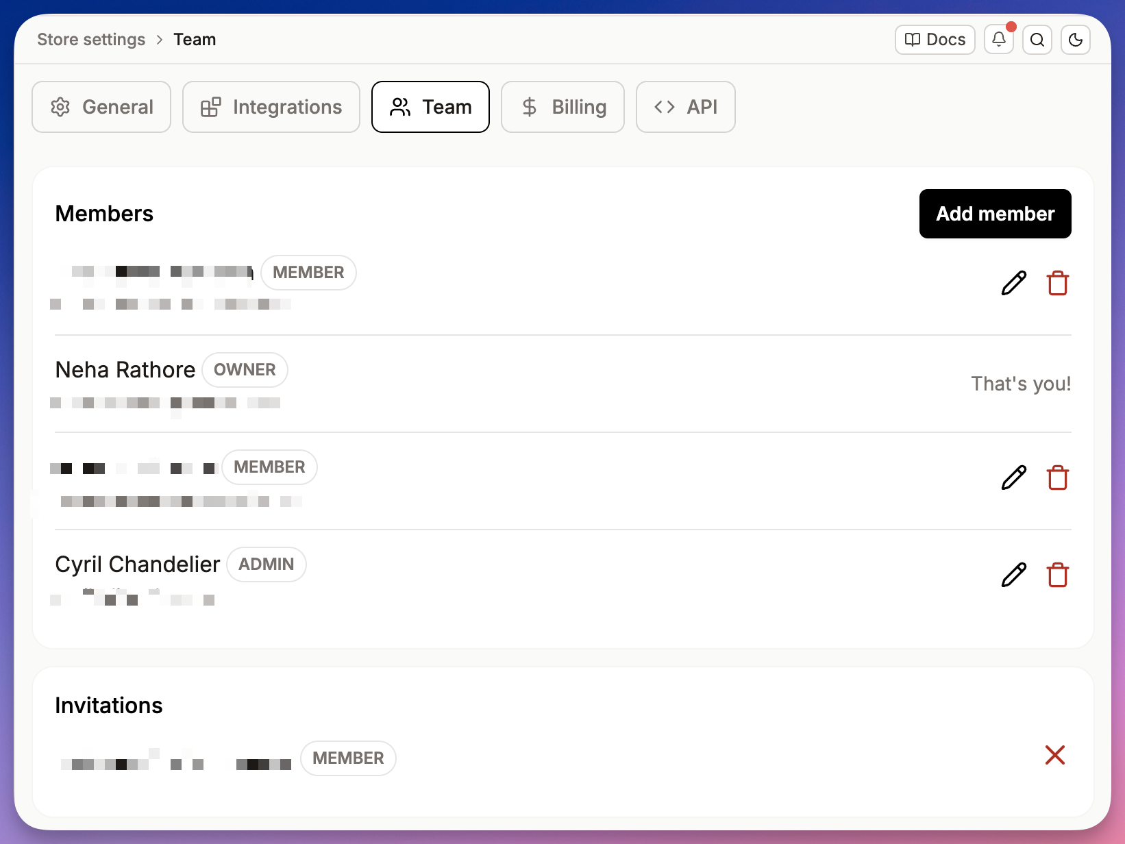 Listadum Teams member roster with roles and a pending invitation, managing an Etsy shop without sharing the Etsy password