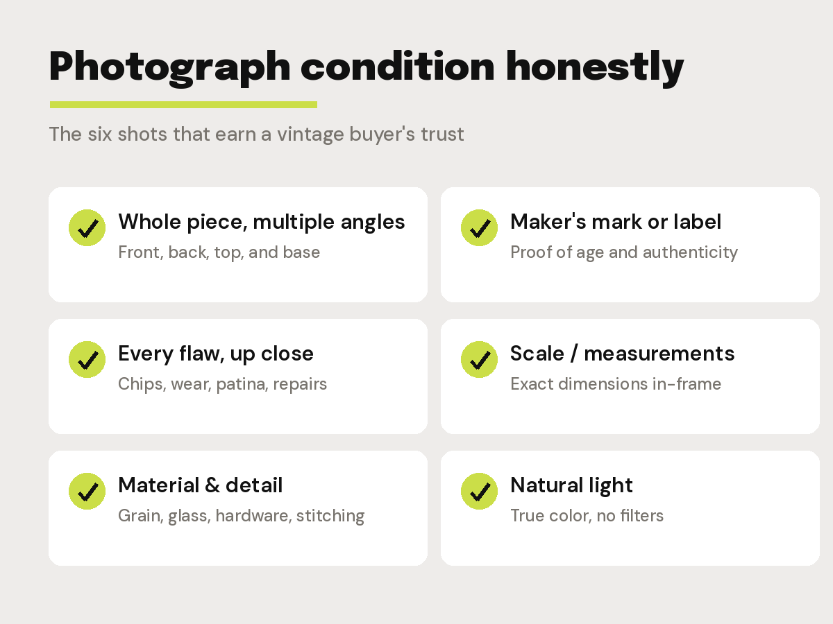 The vintage condition-shot checklist: full piece, angles, maker's mark, flaws up close, scale, and detail
