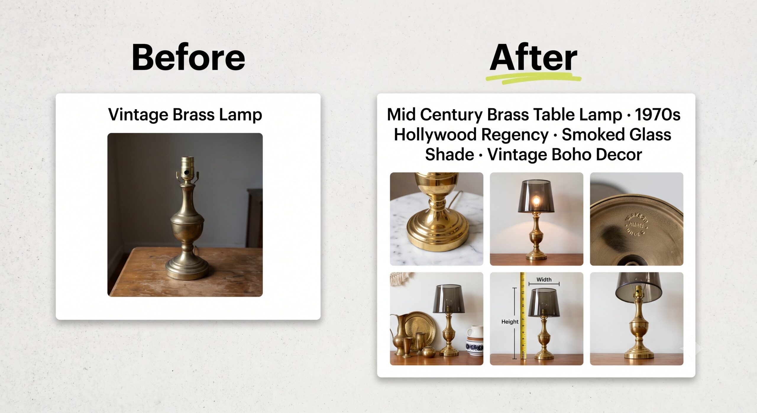 Before and after: a thin vintage lamp listing rebuilt into an era-and-style-rich one