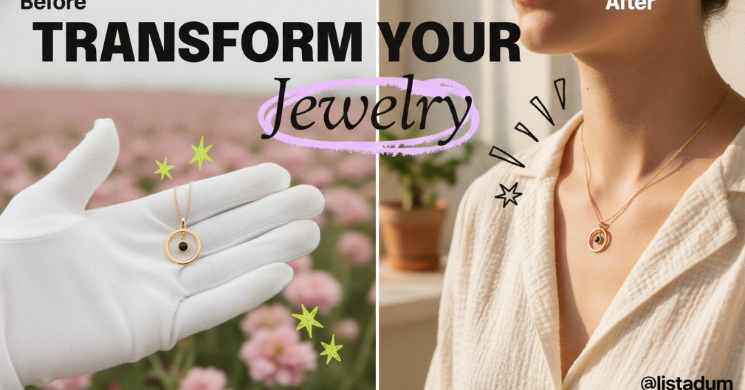 Before and after: a flat gloved-hand product shot versus the same necklace styled and worn in natural light.