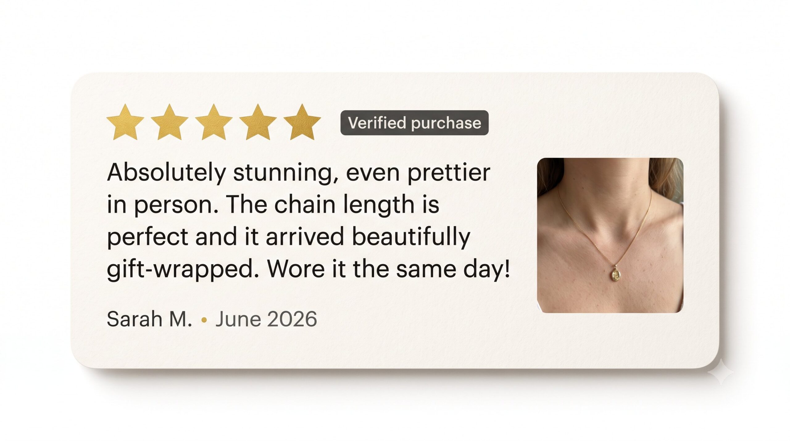 An Etsy jewelry review showing a five-star rating and a customer photo of the piece being worn.