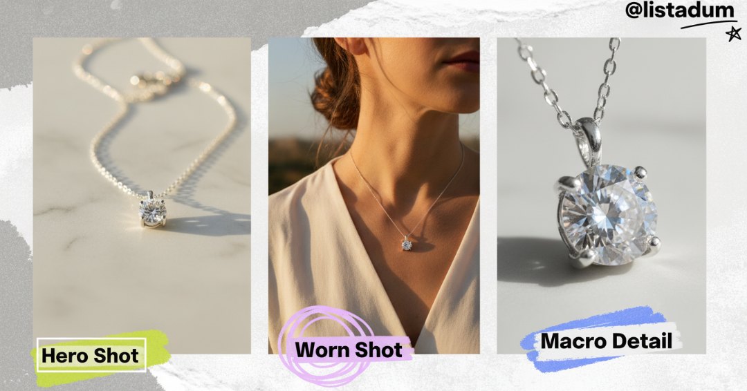 A well-photographed jewelry listing showing three shot types: hero, worn/lifestyle, and macro detail.