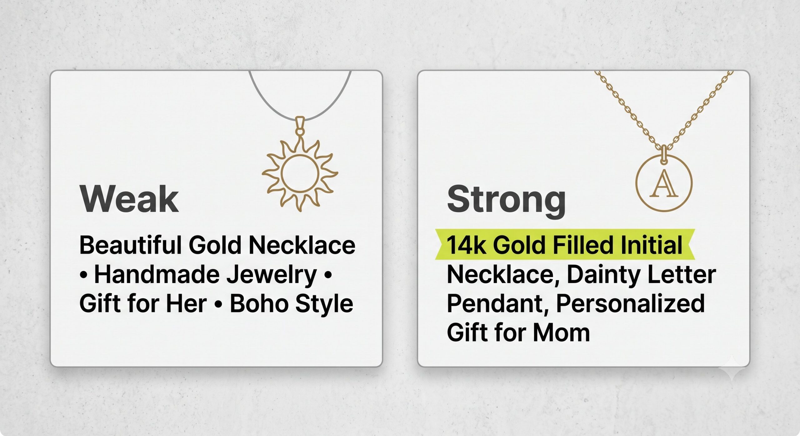 Before and after Etsy jewelry title: a vague version versus a specific, material-rich one.