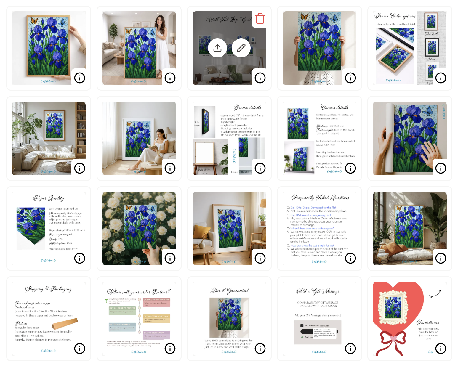 A grid of strong Etsy listing photos showing angle, detail, scale, and in-use shots.