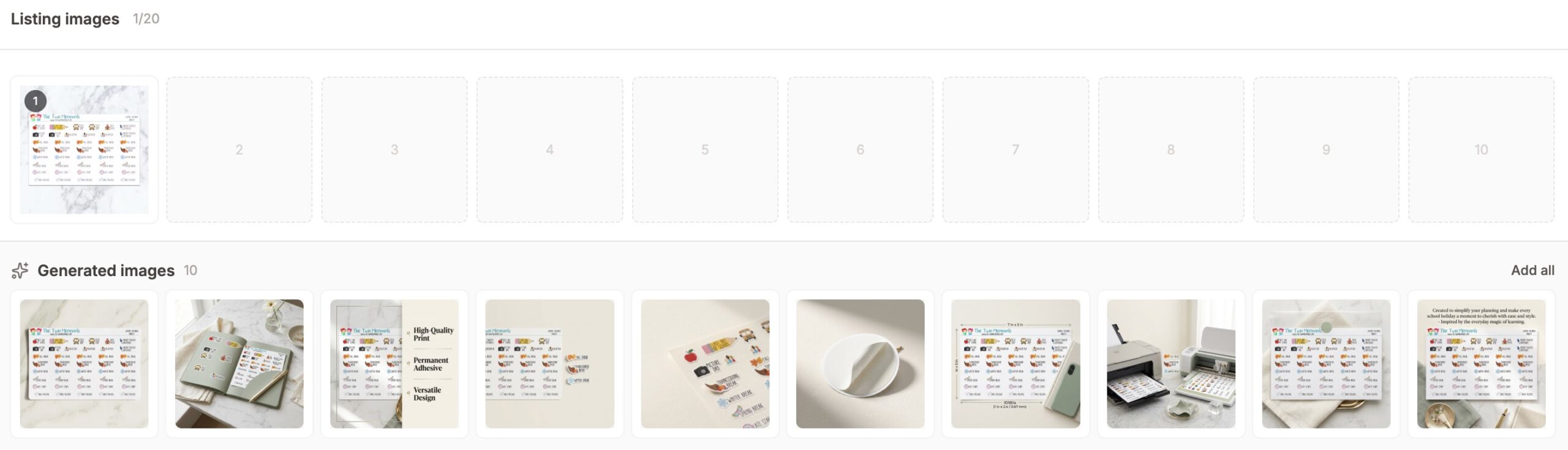 An Etsy digital product listing gallery showing the printed result, a page preview, and in-use mockups