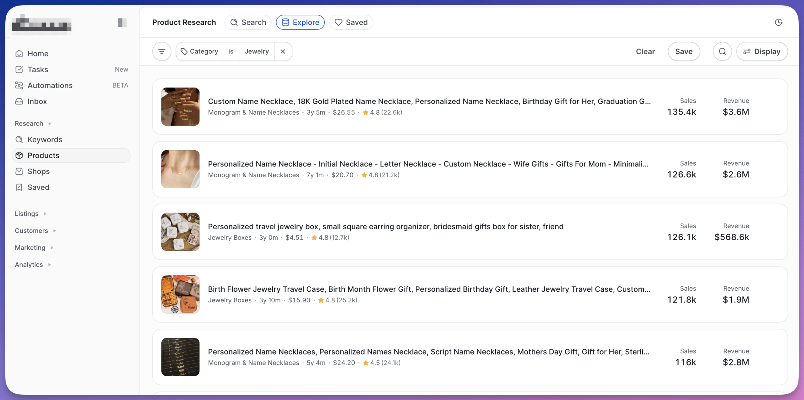Alura's product research database and keyword finder