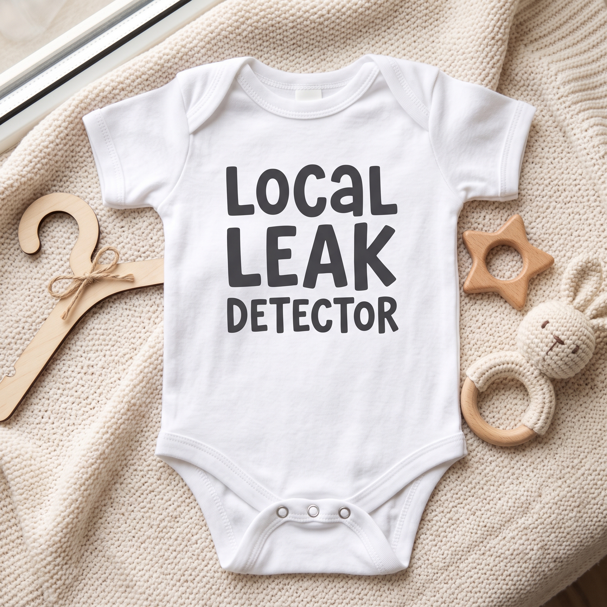 A real Etsy-listing-style flat-lay of a white baby onesie with a bold, funny printed phrase, styled on a soft blanket with a few baby props.