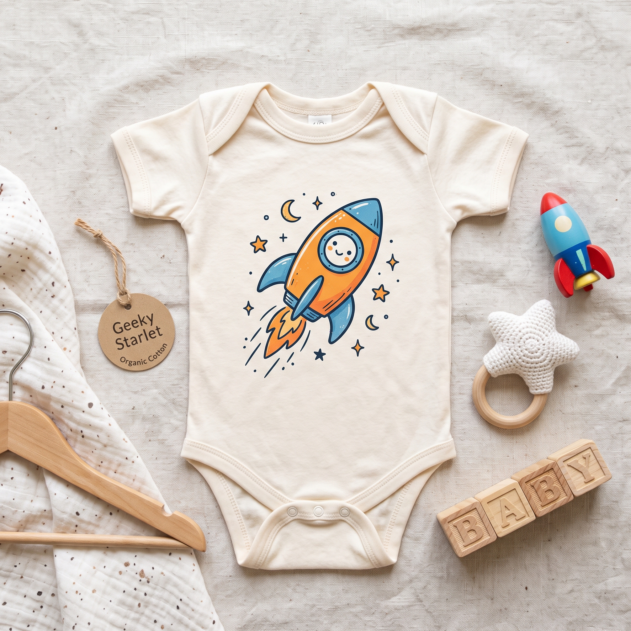 A real Etsy-listing-style photo of a baby onesie with a cute geeky niche-interest graphic (a little gamer or space motif), shown flat with playful props.