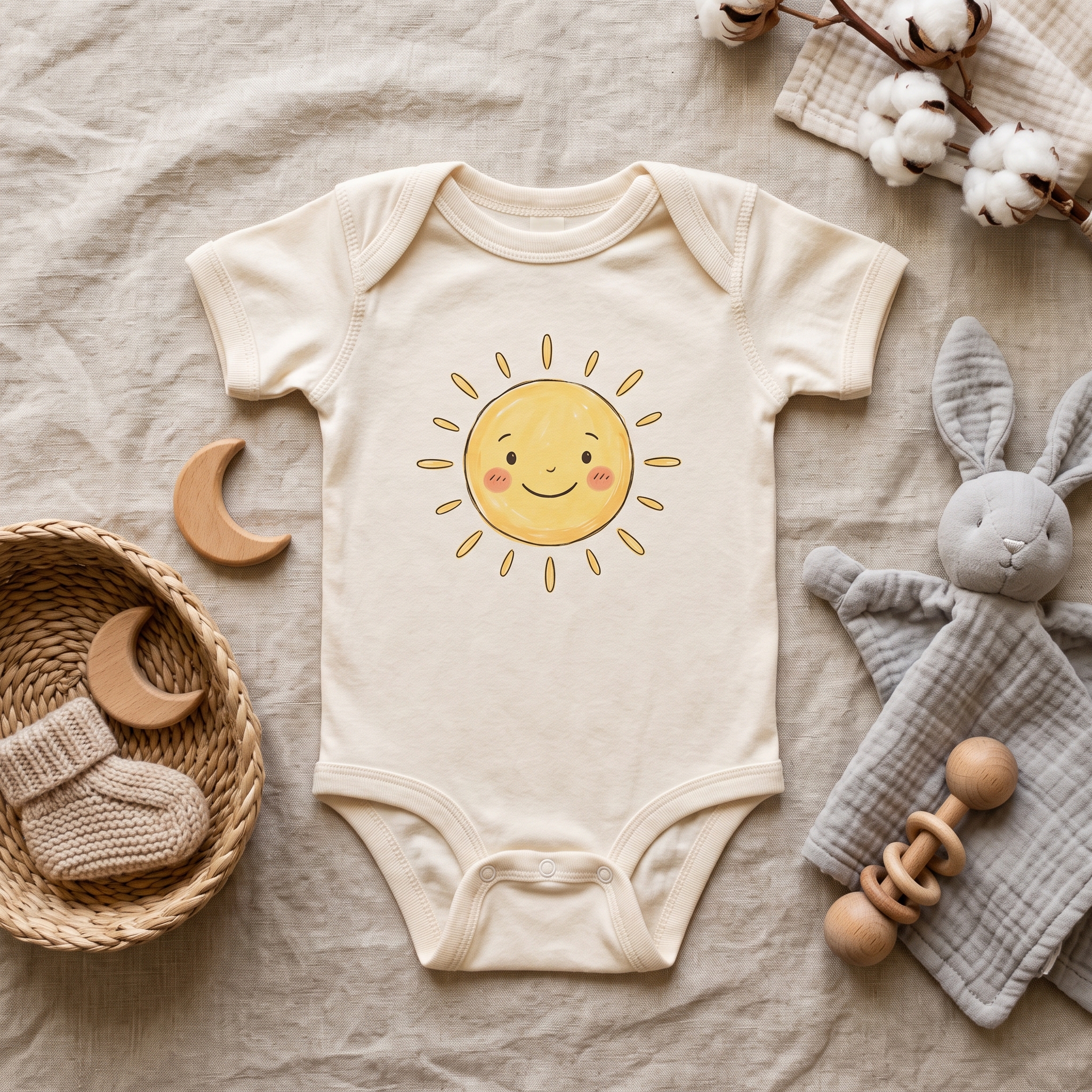 A real Etsy-listing-style flat-lay of a baby onesie with a single cute illustrated character, styled warmly on a neutral surface.