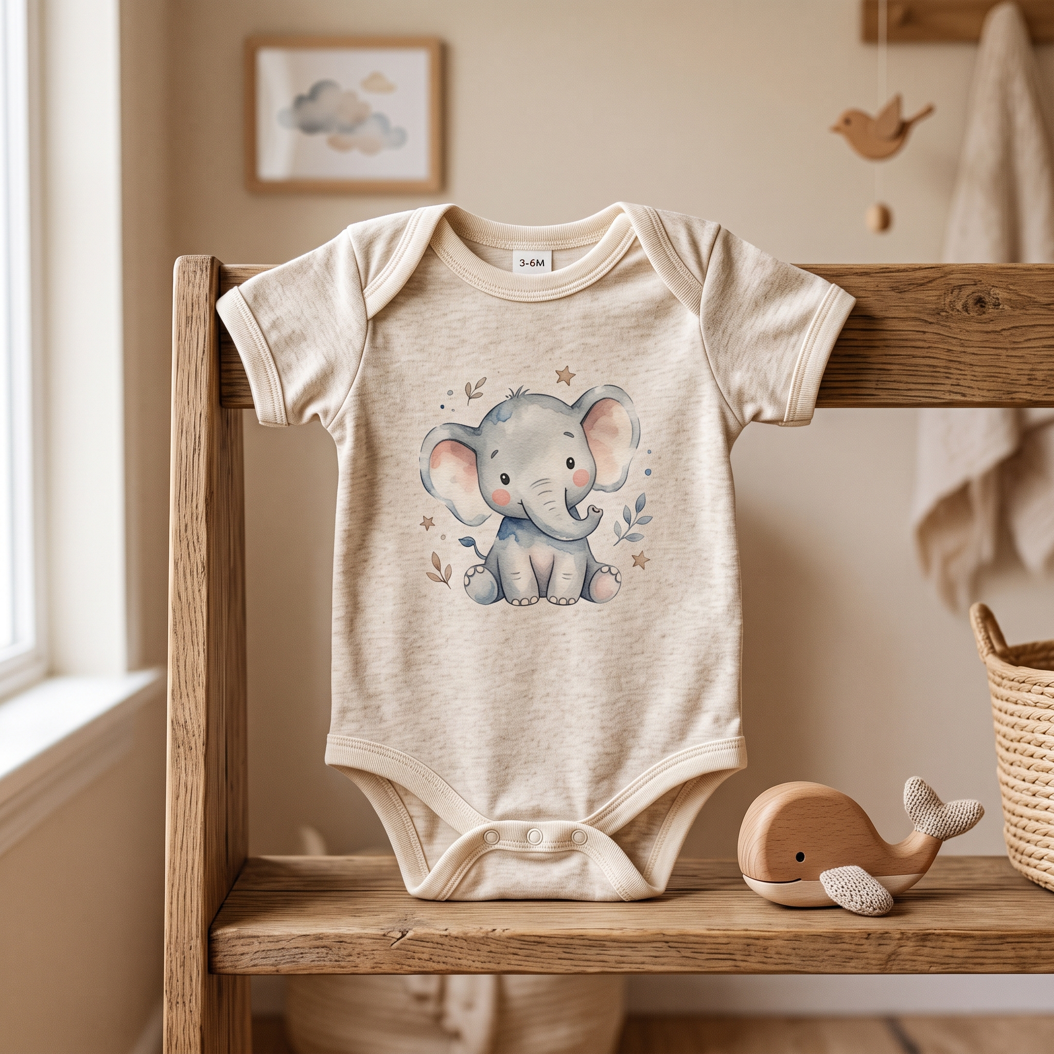 A real Etsy-listing-style photo of a baby onesie with a single whimsical animal illustration, styled on a shelf in a soft neutral nursery.
