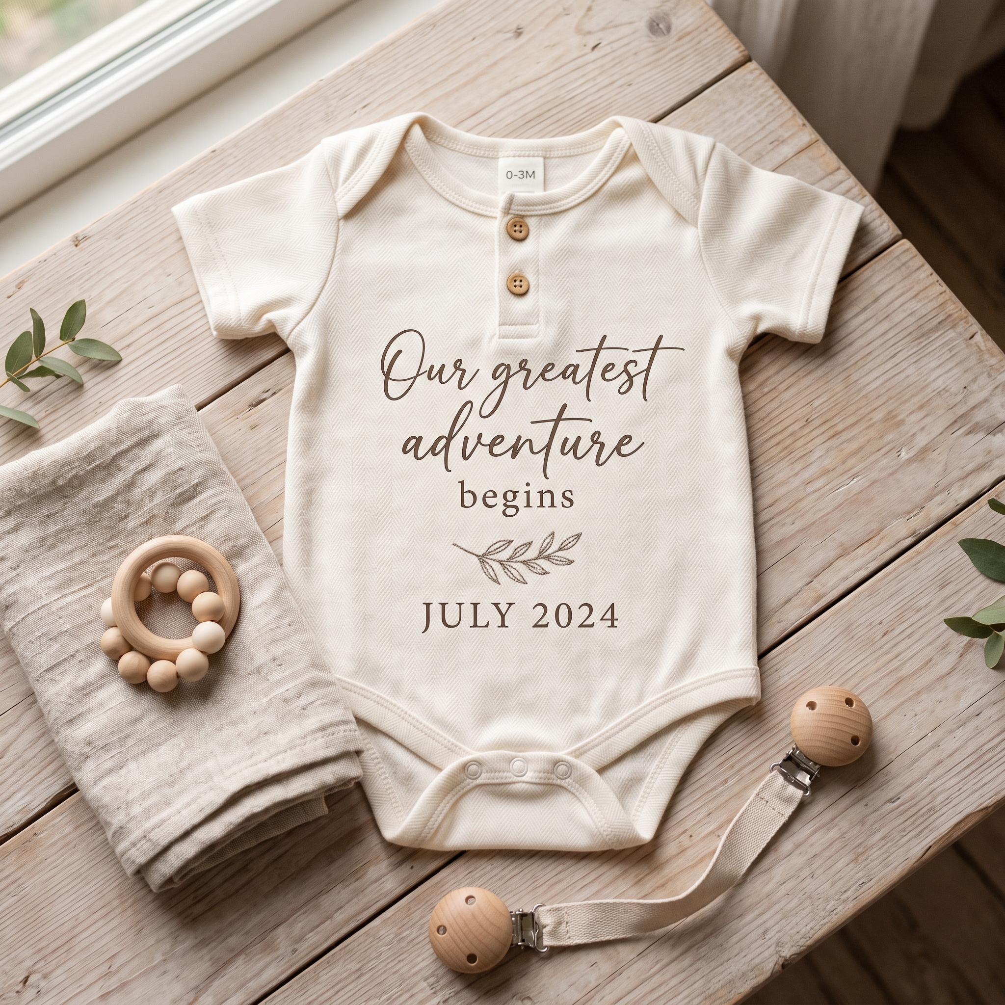 A real Etsy-listing-style flat-lay of a baby announcement onesie with a warm reveal-style printed phrase, styled with soft props.
