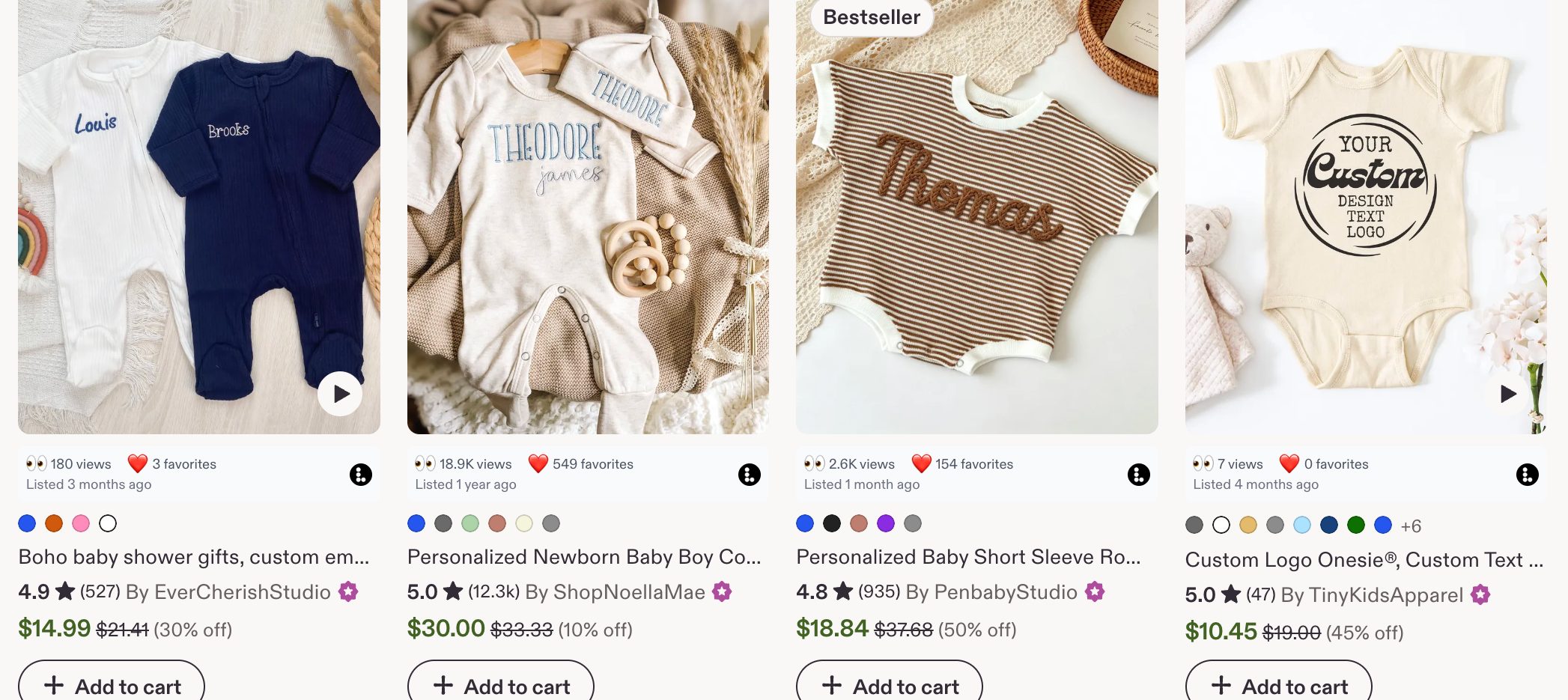 A row of Etsy baby onesie listings with the Listadum browser extension showing views and favorites on each card.