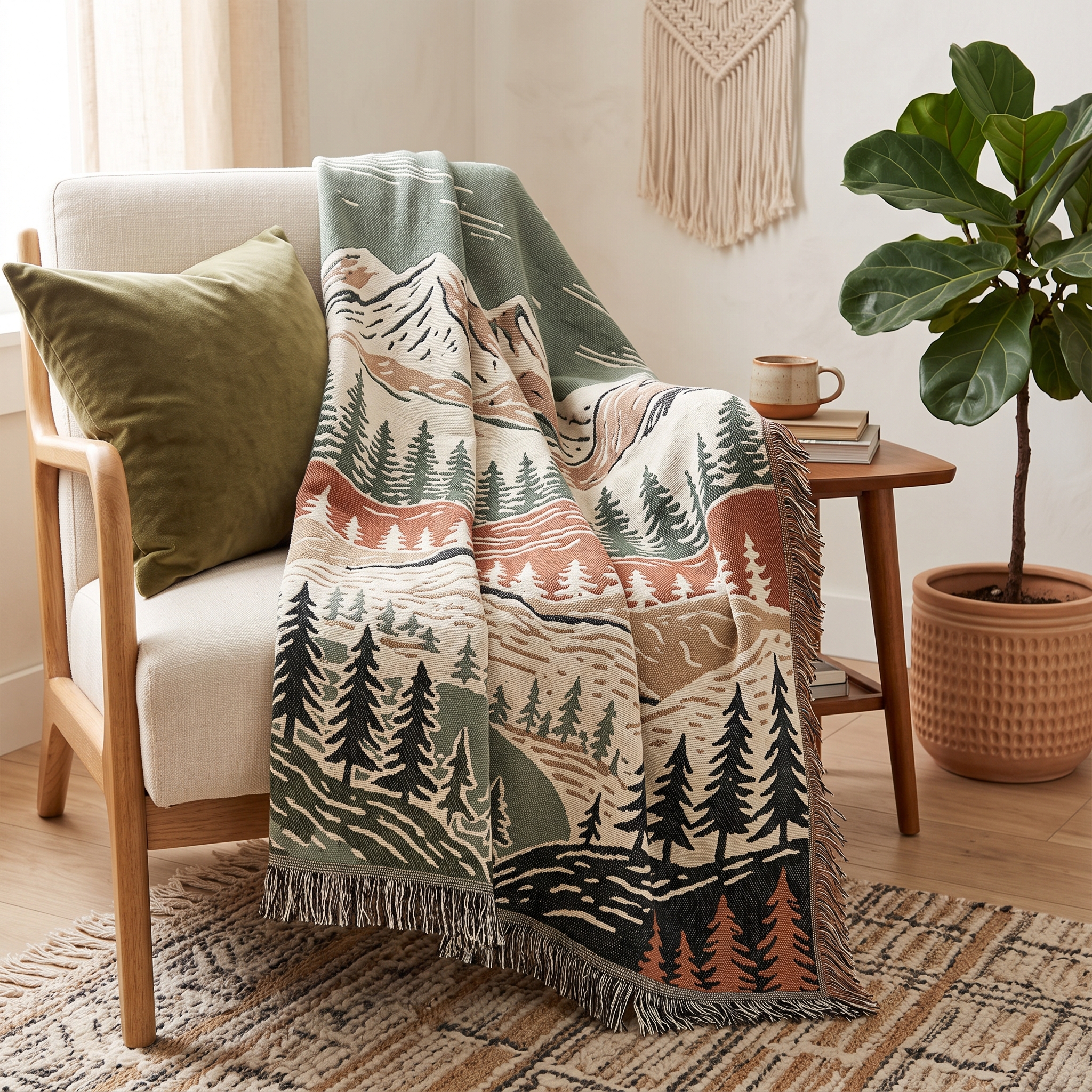 A real Etsy-listing-style woven throw blanket printed with a stylized forest-and-mountain scene in muted greens and cream, draped over a cozy armchair.