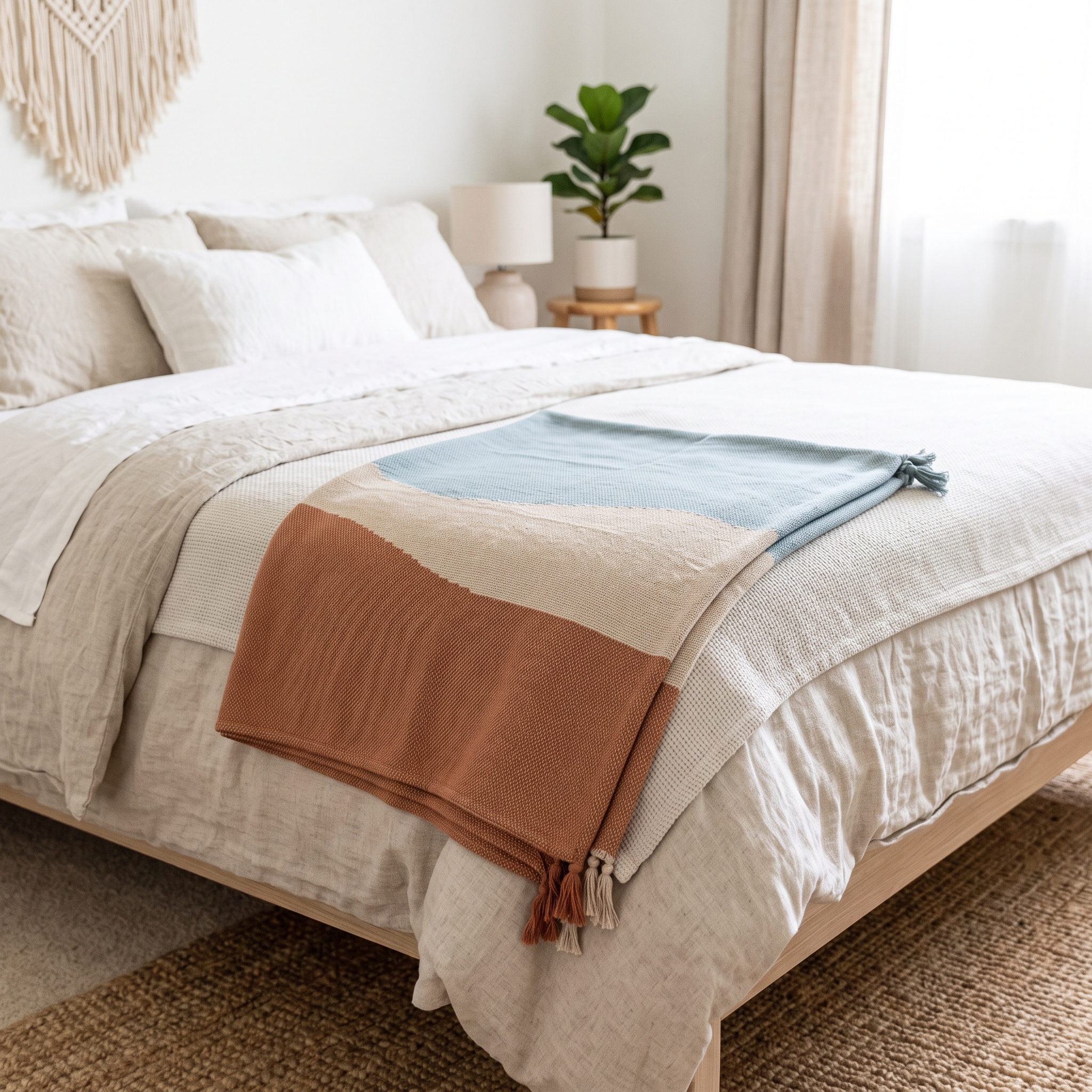 A real Etsy-listing-style woven throw blanket with a minimalist layered-landscape horizon design in earthy tones, folded on the corner of a bed.