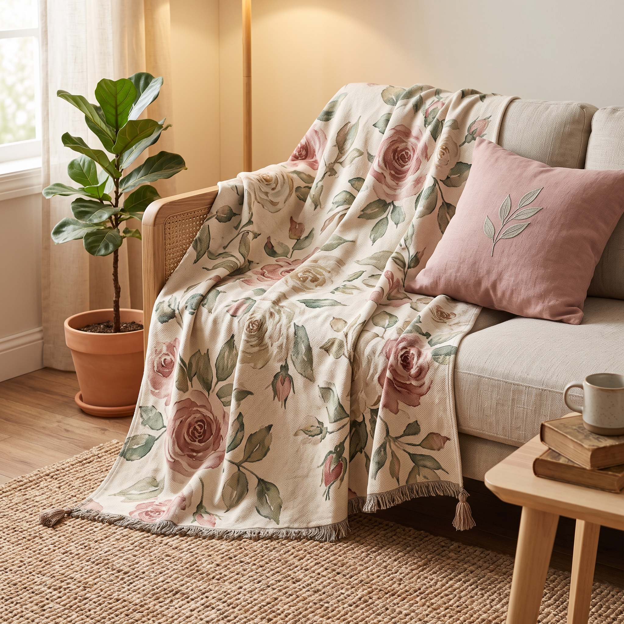 A real Etsy-listing-style woven throw blanket with a soft, painterly floral pattern in muted rose and sage, draped over a linen sofa.