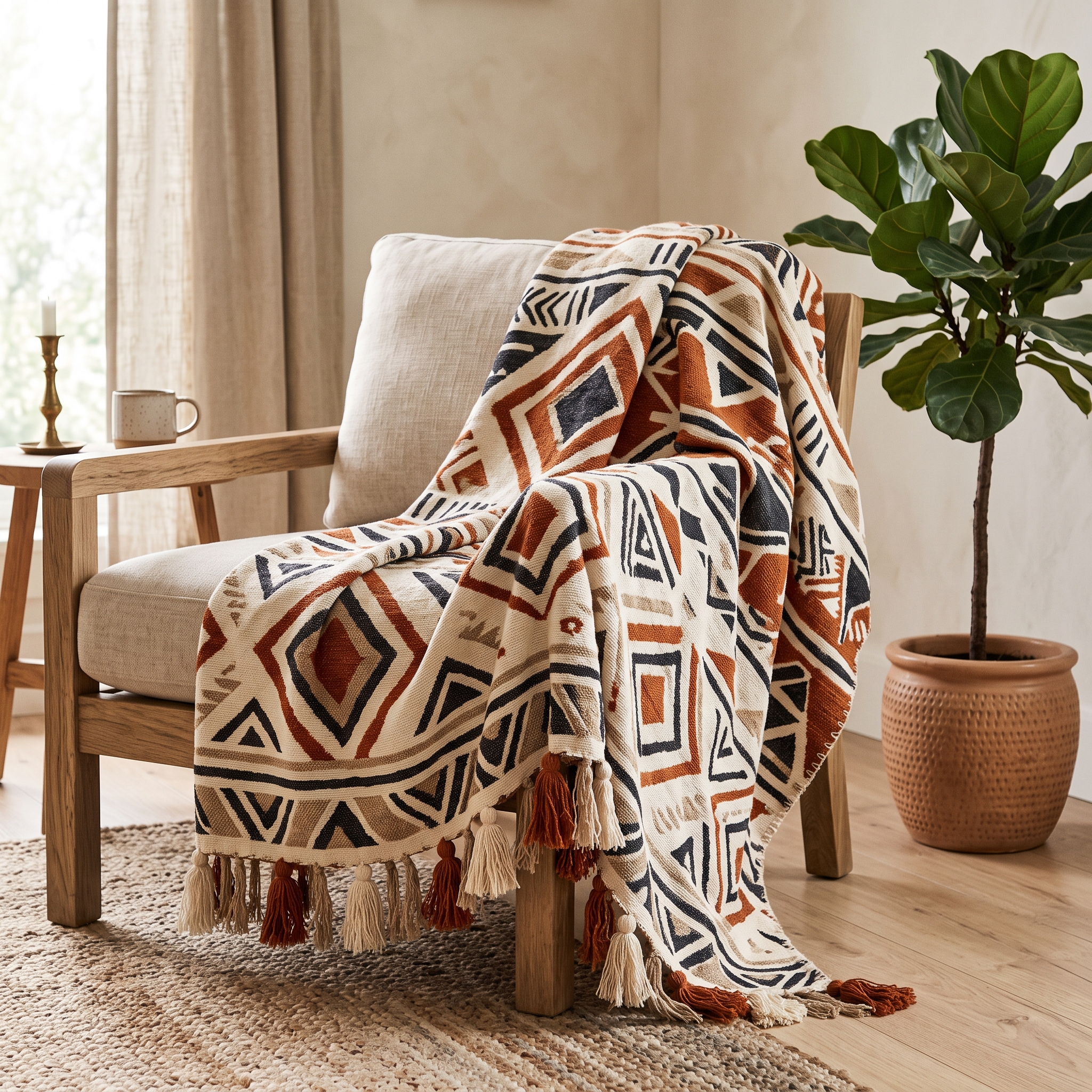 A real Etsy-listing-style woven throw blanket with a boho geometric and diamond pattern in cream, rust and charcoal, draped over an armchair with a plant nearby.