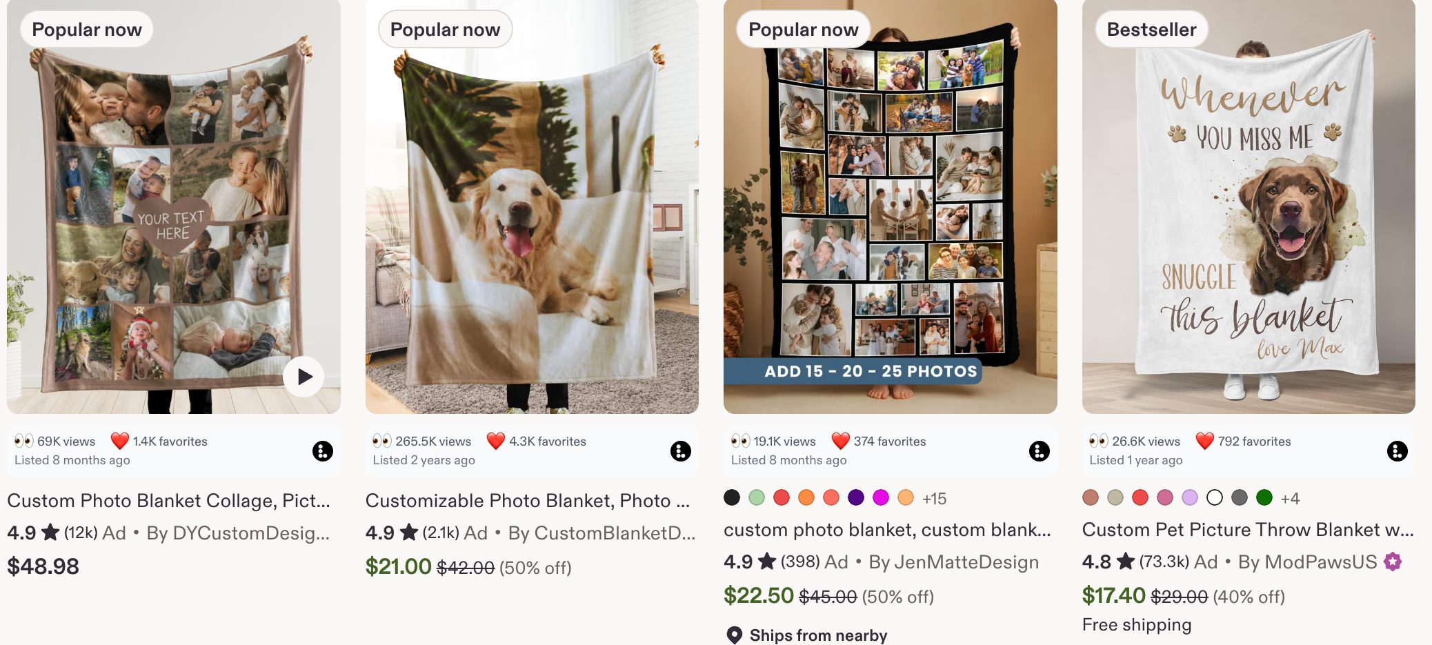 A row of Etsy blanket listings with the Listadum browser extension showing views and favorites on each card.