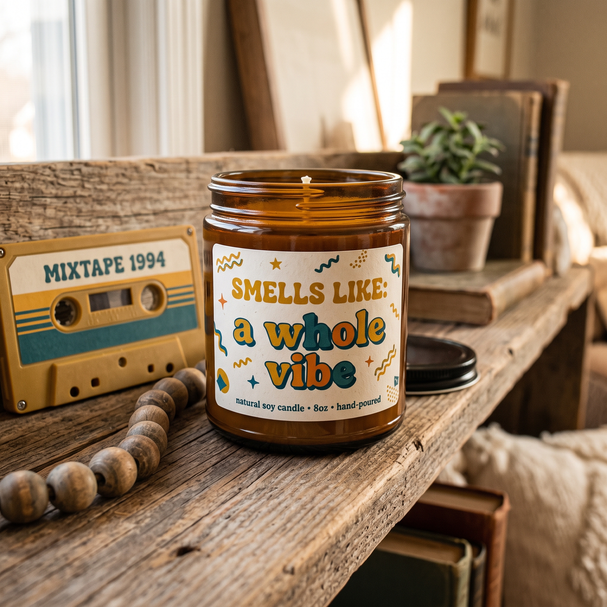 A real Etsy-listing-style photo of an amber candle with a colorful retro label evoking a specific decade, styled on a shelf with a few vintage props.