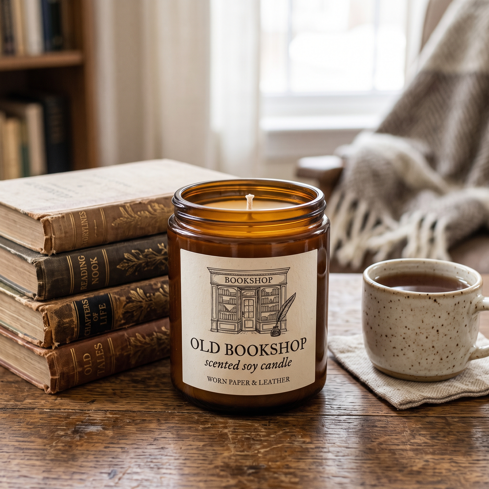 A real Etsy-listing-style photo of a candle with an elegant bookish label referencing a hobby, styled beside stacked books and a mug.