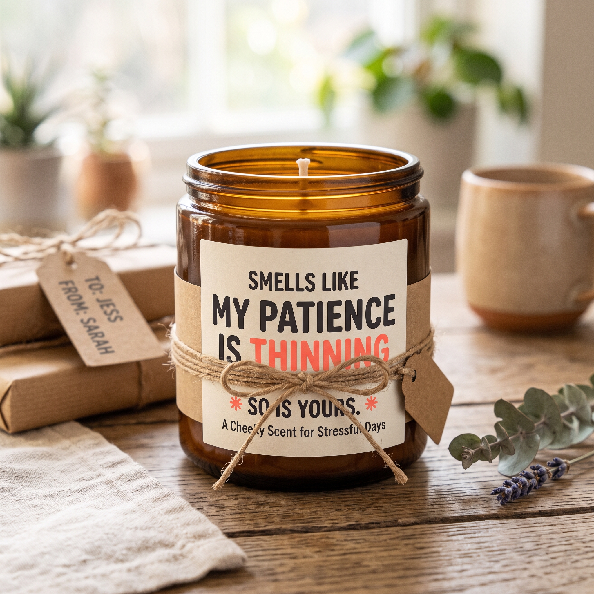 A real Etsy-listing-style photo of a candle with a bold, funny typographic label, styled as a cheeky gift with kraft wrapping.