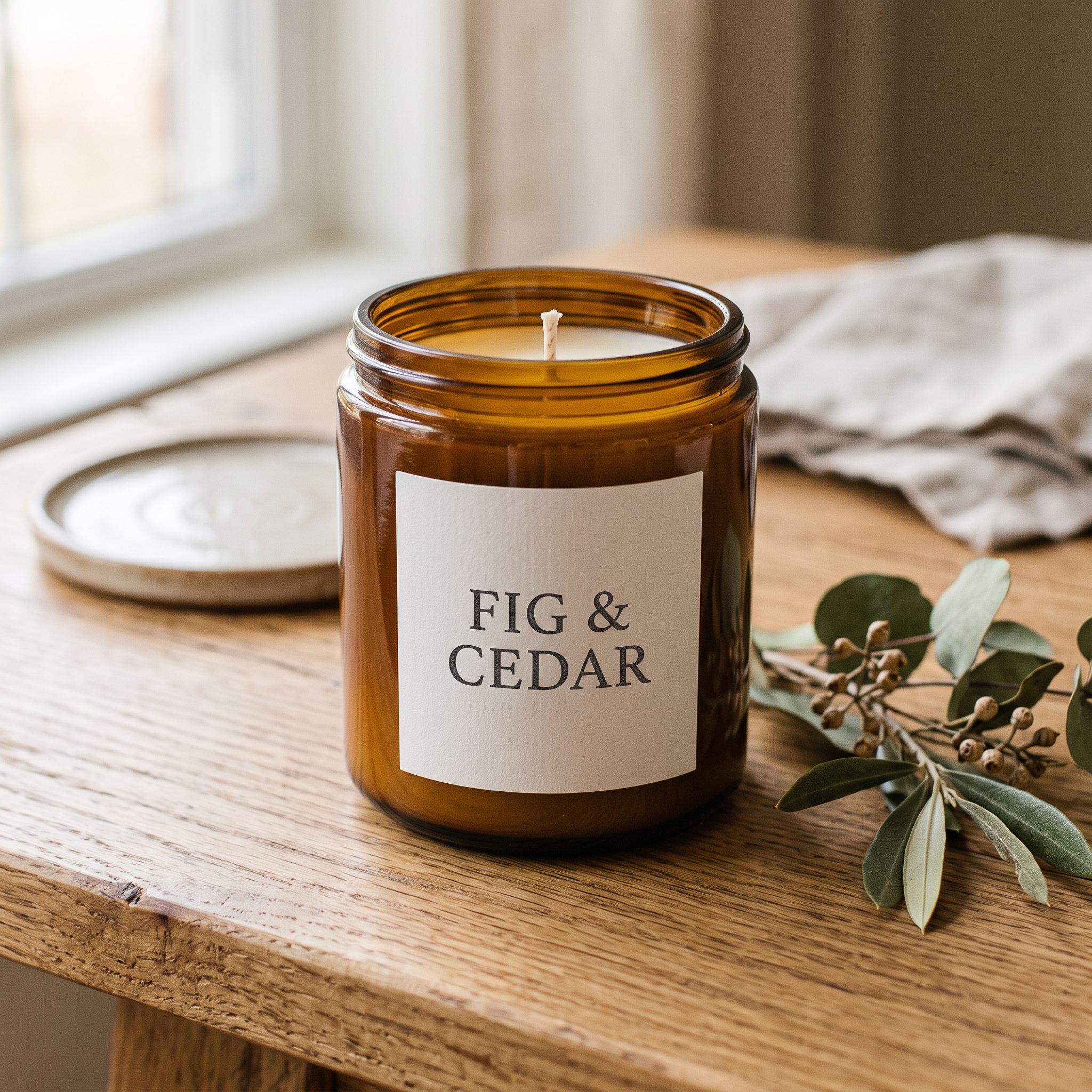 A real Etsy-listing-style photo of a minimalist candle with a refined single-scent-name label, styled on a clean surface with soft daylight.