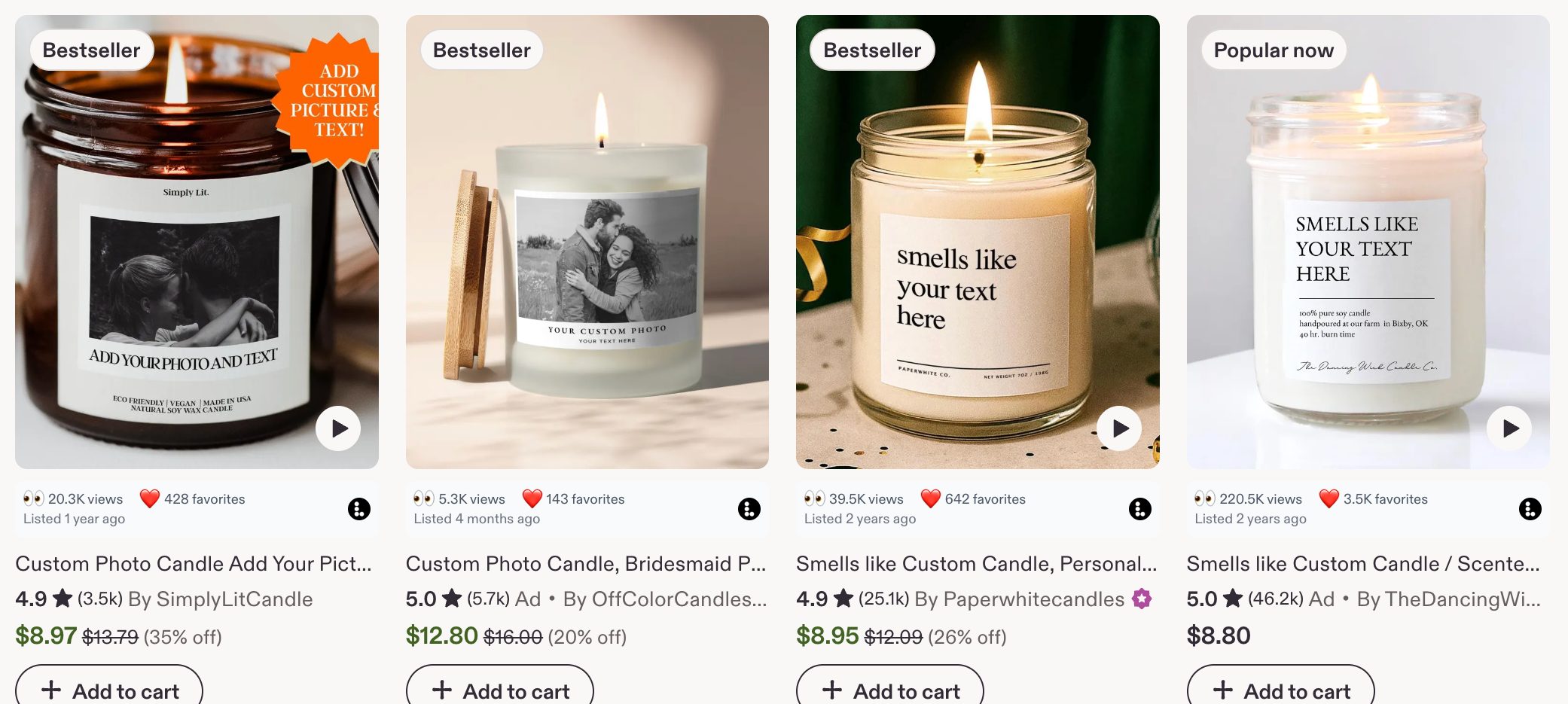 A row of Etsy candle listings with the Listadum browser extension showing views and favorites on each card.