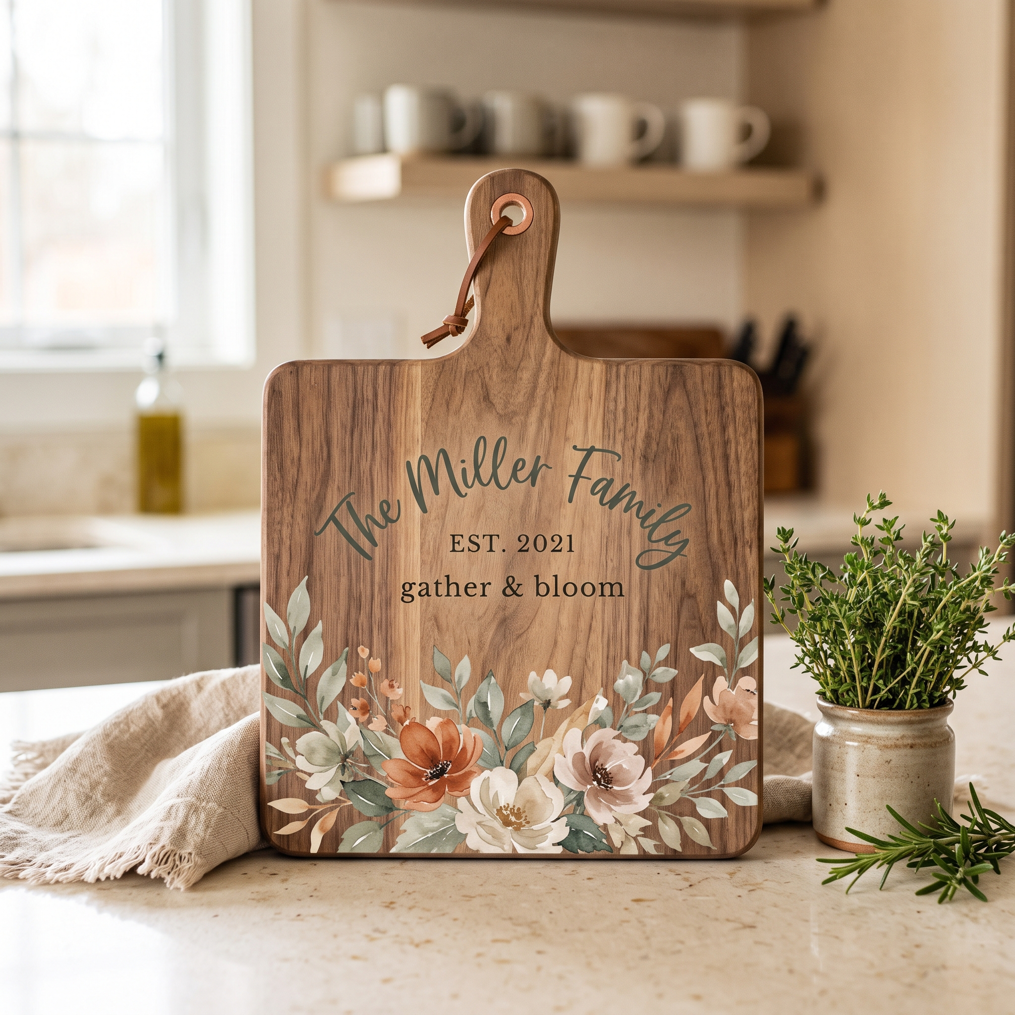 A real Etsy-listing-style printed cutting board with a soft watercolor floral spray across the wood grain, styled on a kitchen counter with fresh herbs.